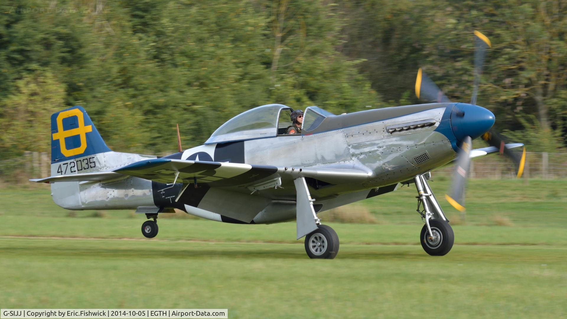 G-SIJJ, 1944 North American P-51D Mustang C/N 122-31894 (44-72035), 4. 'Jumpin' Jacques' (Hanger 11) preparing to take 'centre stage' at the rousing season finale Race Day Air Show at Shuttleworth, Oct. 2014.
