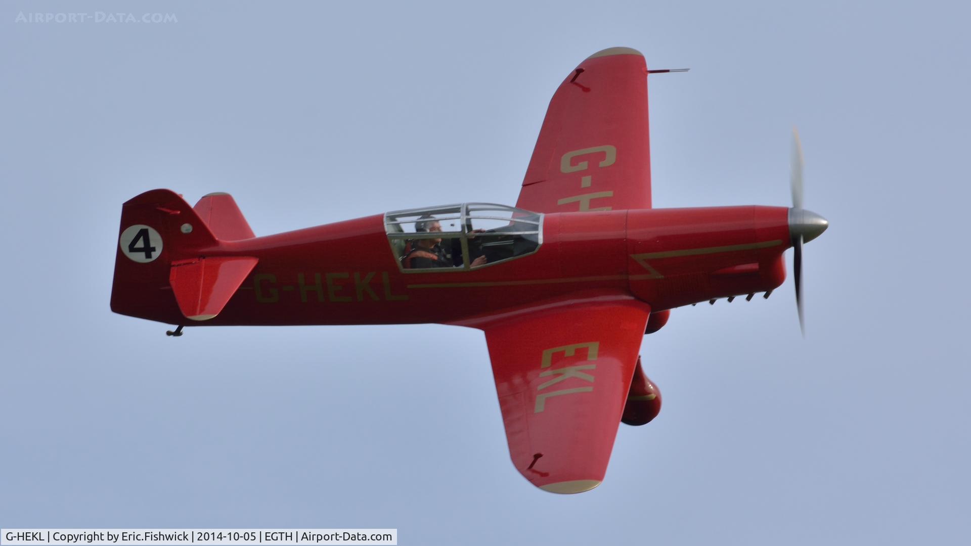 G-HEKL, 2008 Percival Mew Gull replica C/N PFA 013-14759, 42. G-HEKL in display mode at the rousing season finale Race Day Air Show at Shuttleworth, Oct. 2014.