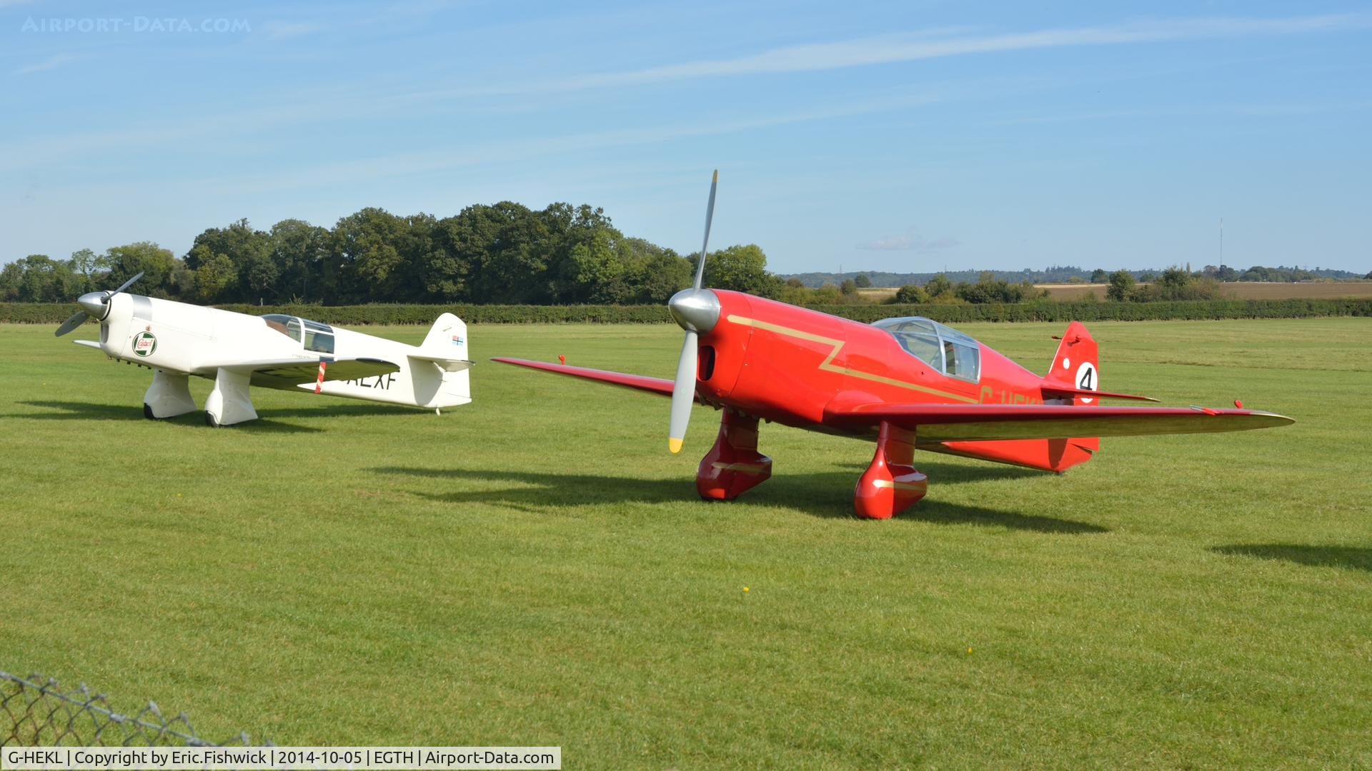 G-HEKL, 2008 Percival Mew Gull replica C/N PFA 013-14759, 5. Yes, TWO Mew Gulls at the rousing season finale Race Day Air Show at Shuttleworth, Oct. 2014.