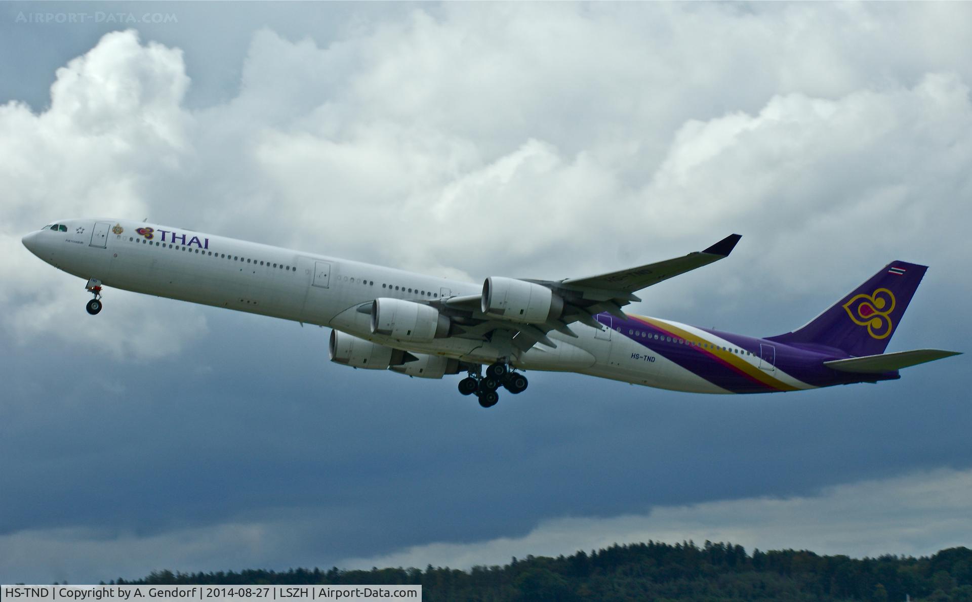 HS-TND, 2005 Airbus A340-642 C/N 710, Thai Airways, is here powerful taking of at Zürich-Kloten(LSZH)