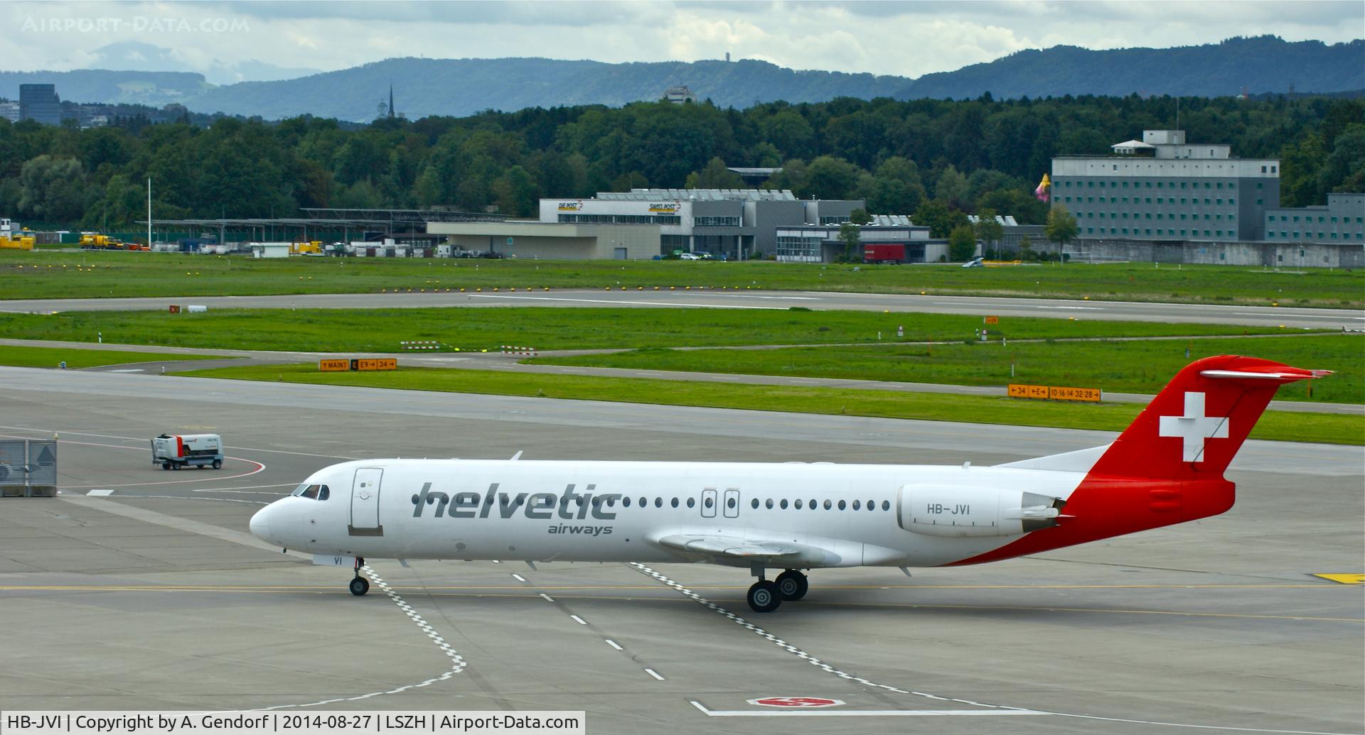 HB-JVI, 1990 Fokker 100 (F-28-0100) C/N 11325, Helvetic, is here taxiing to the gate at Zürich-Kloten(LSZH)