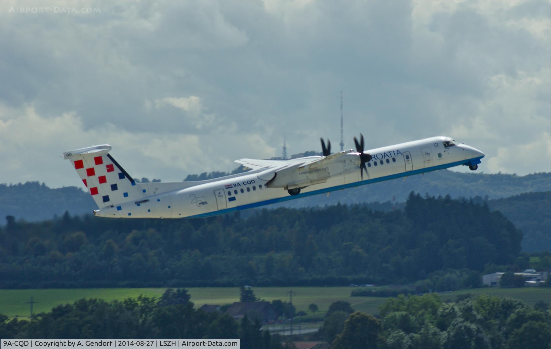 9A-CQD, 2009 De Havilland Canada DHC-8-402Q Dash 8 C/N 4260, Croatia Airlines, is here climbing out Zürich-Kloten(LSZH) in front of the well known landmark 