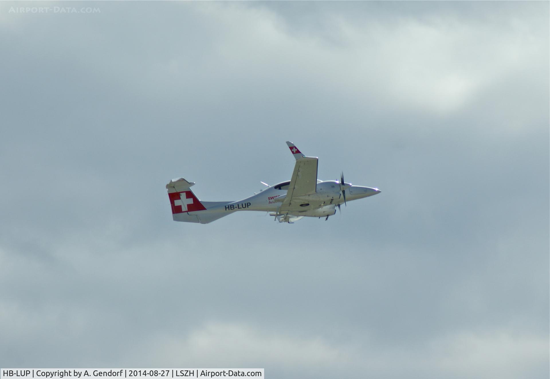 HB-LUP, 2008 Diamond DA-42 Twin Star C/N 42.356, Swiss Aviation Training, is here climbing out at Zürich-Kloten(LSZH) after take off RWY 28