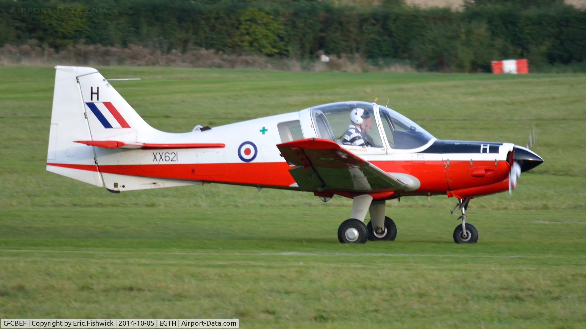 G-CBEF, 1974 Scottish Aviation Bulldog T.1 C/N BH120/286, 3. XX621 preparing to depart the rousing season finale Race Day Air Show at Shuttleworth, Oct. 2014.