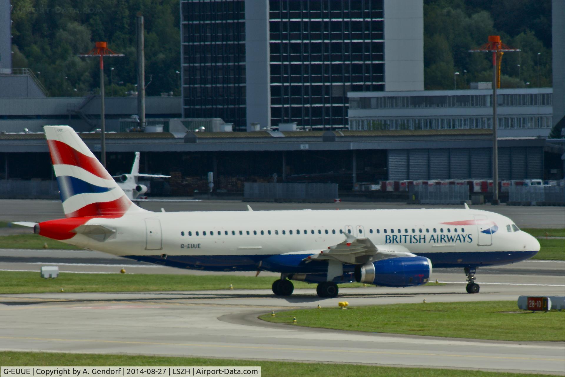 G-EUUE, 2002 Airbus A320-232 C/N 1782, British Airways, is here taxiing to the gate at Zürich-Kloten(LSZH)