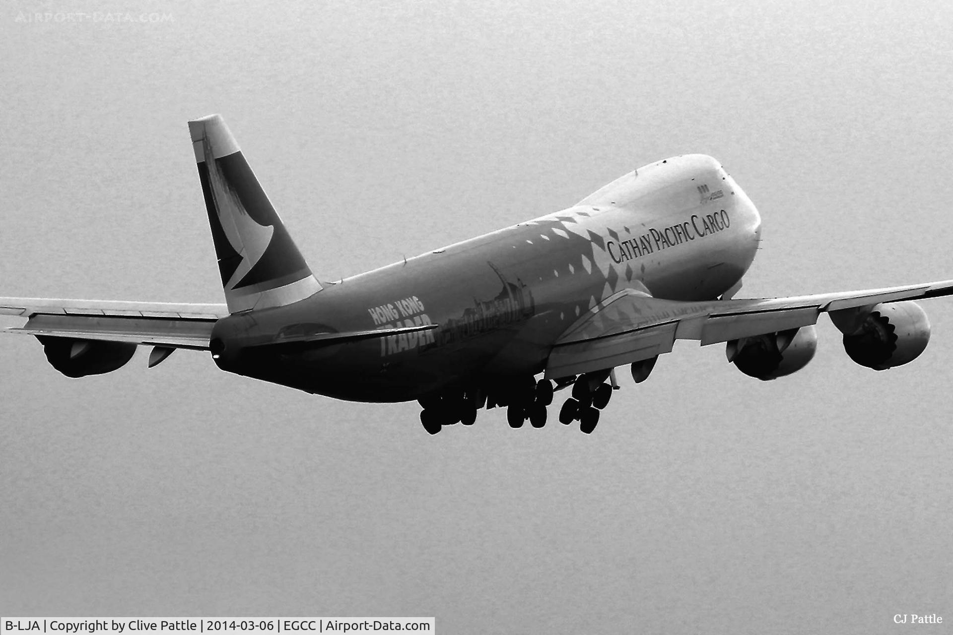 B-LJA, 2011 Boeing 747-867F/SCD C/N 39238, Manchester climb out - in b&W for a change