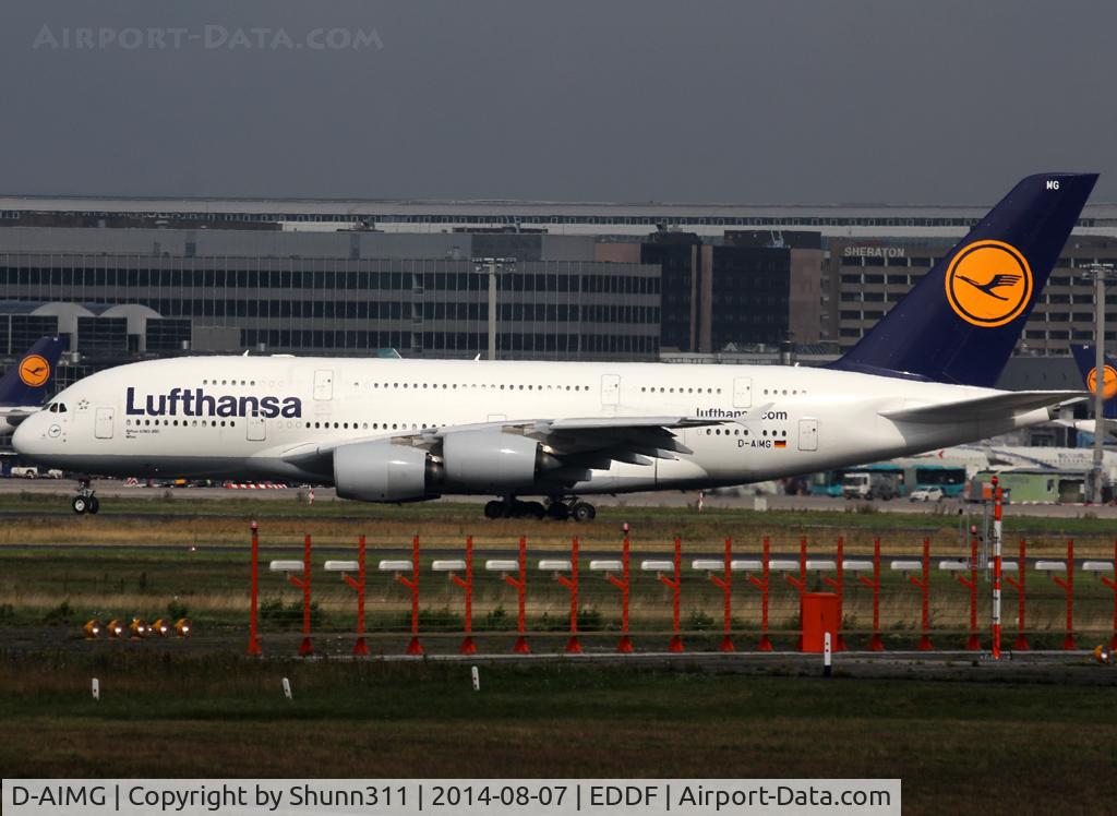 D-AIMG, 2011 Airbus A380-841 C/N 069, Lining up rwy 25M for departure...