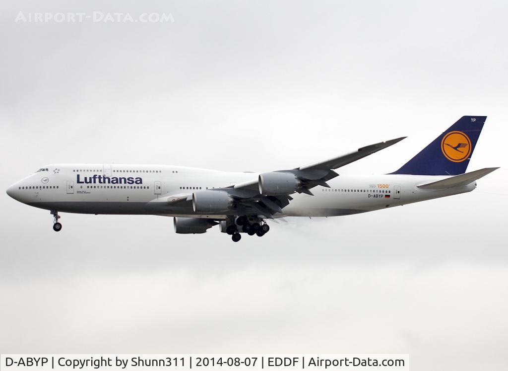 D-ABYP, 2014 Boeing 747-830 C/N 37839, Landing rwy 25L with additional '1500th' patch on the rear fuselage...