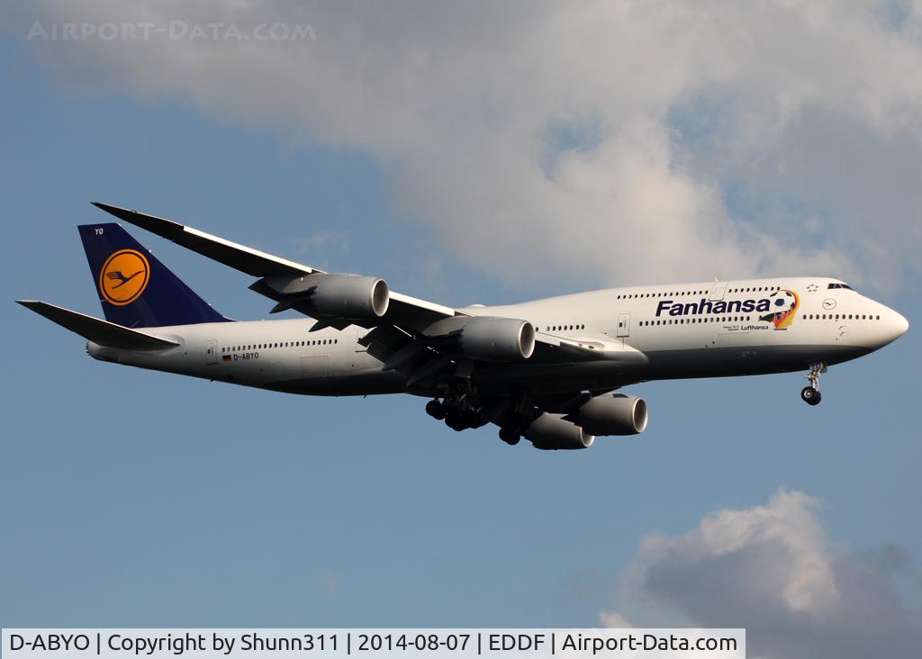 D-ABYO, 2014 Boeing 747-830 C/N 37841, Landing rwy 25L with additional 'Fanhansa' titles