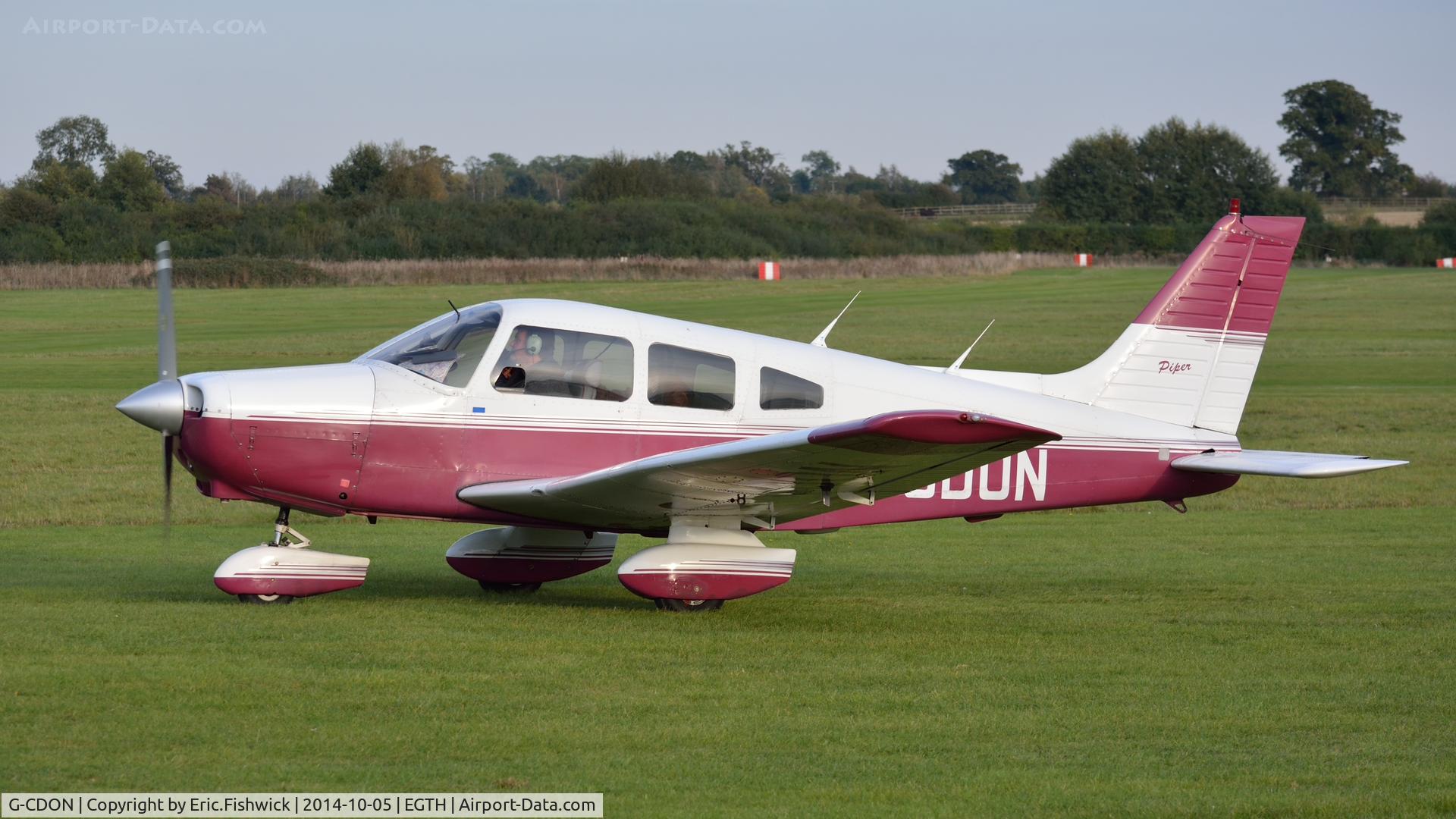 G-CDON, 1982 Piper PA-28-161 Cherokee Warrior II C/N 28-8216185, 1. G-CDON preparing to depart the rousing season finale Race Day Air Show at Shuttleworth, Oct. 2014