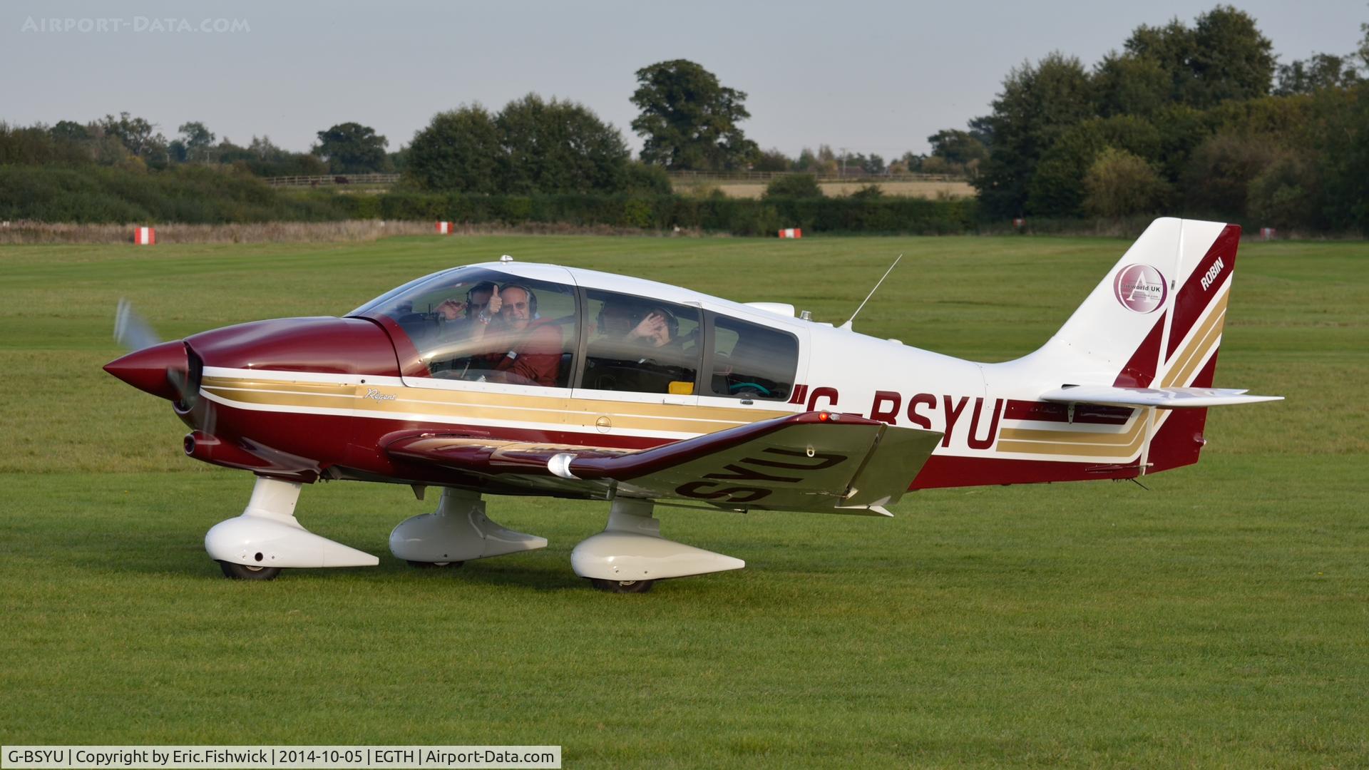 G-BSYU, 1990 Robin DR-400-180 Regent Regent C/N 2027, 1. G-BSYU preparing to depart the rousing season finale Race Day Air Show at Shuttleworth, Oct. 2014