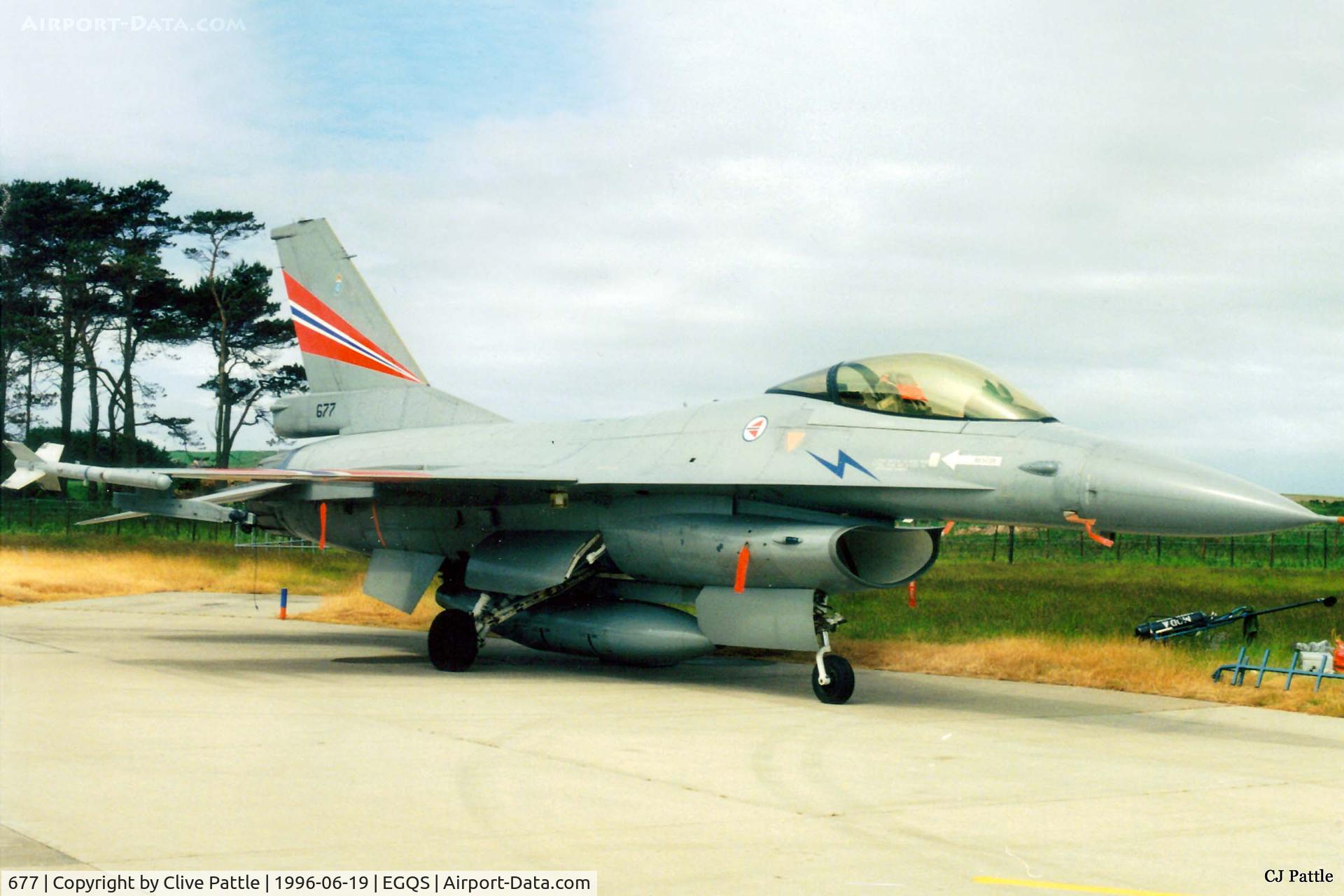 677, 1987 General Dynamics F-16AM Fighting Falcon C/N 6K-49, Scanned from print. RNoAF F-16AM '677' of RNoAF 331 Skv pictured on detachment to RAF Lossiemouth in the summer of '96