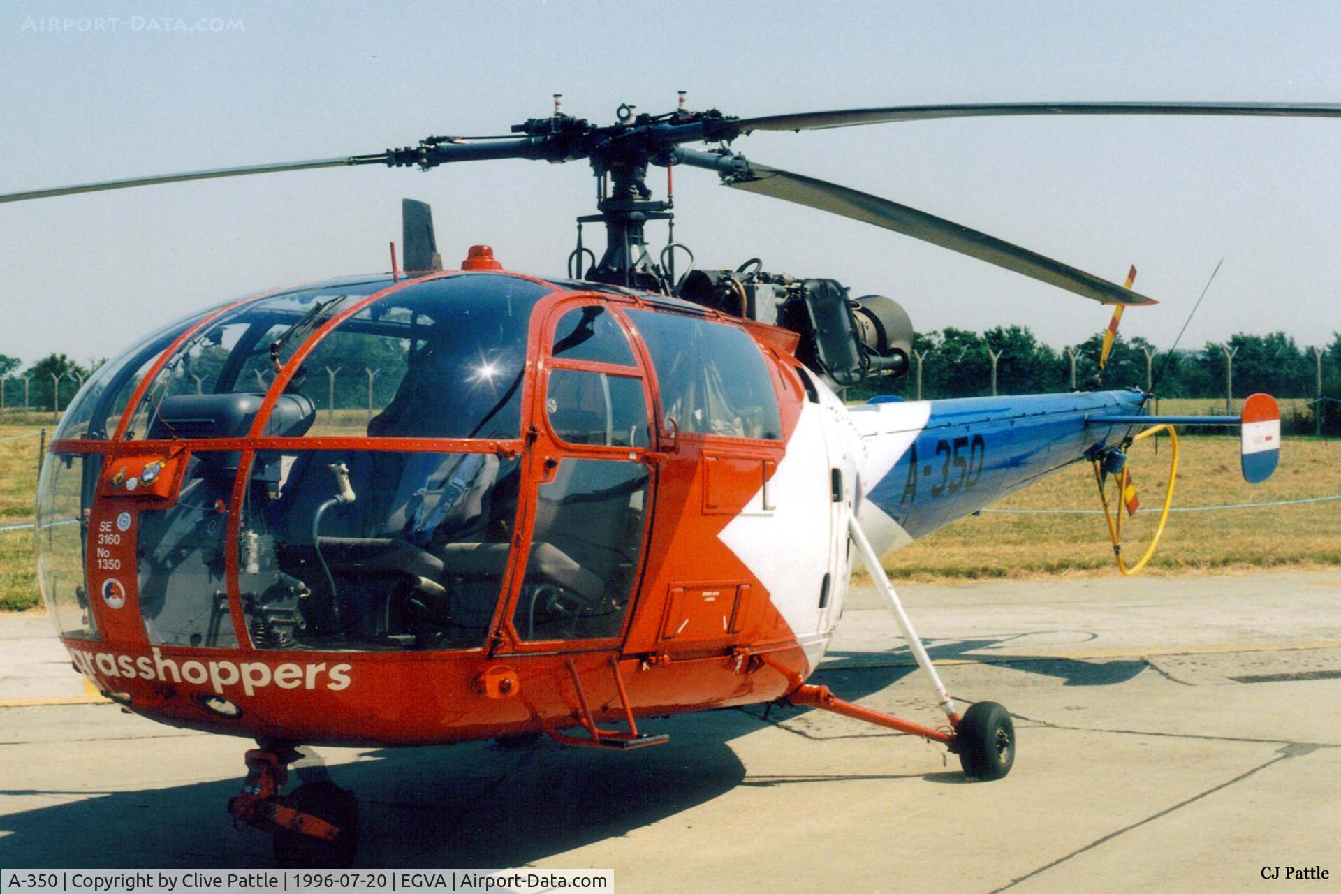A-350, Sud SE-3160 Alouette III C/N 1350, Scanned from print. Grasshoppers 'A-350' of RNethAF 302 Sqn at RAF Fairford '96