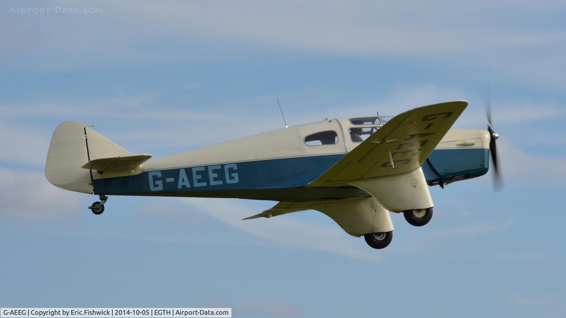 G-AEEG, 1936 Miles M-3A Falcon Major C/N 216, 42. G-AEEG in display mode at the rousing season finale Race Day Air Show at Shuttleworth, Oct. 2014.