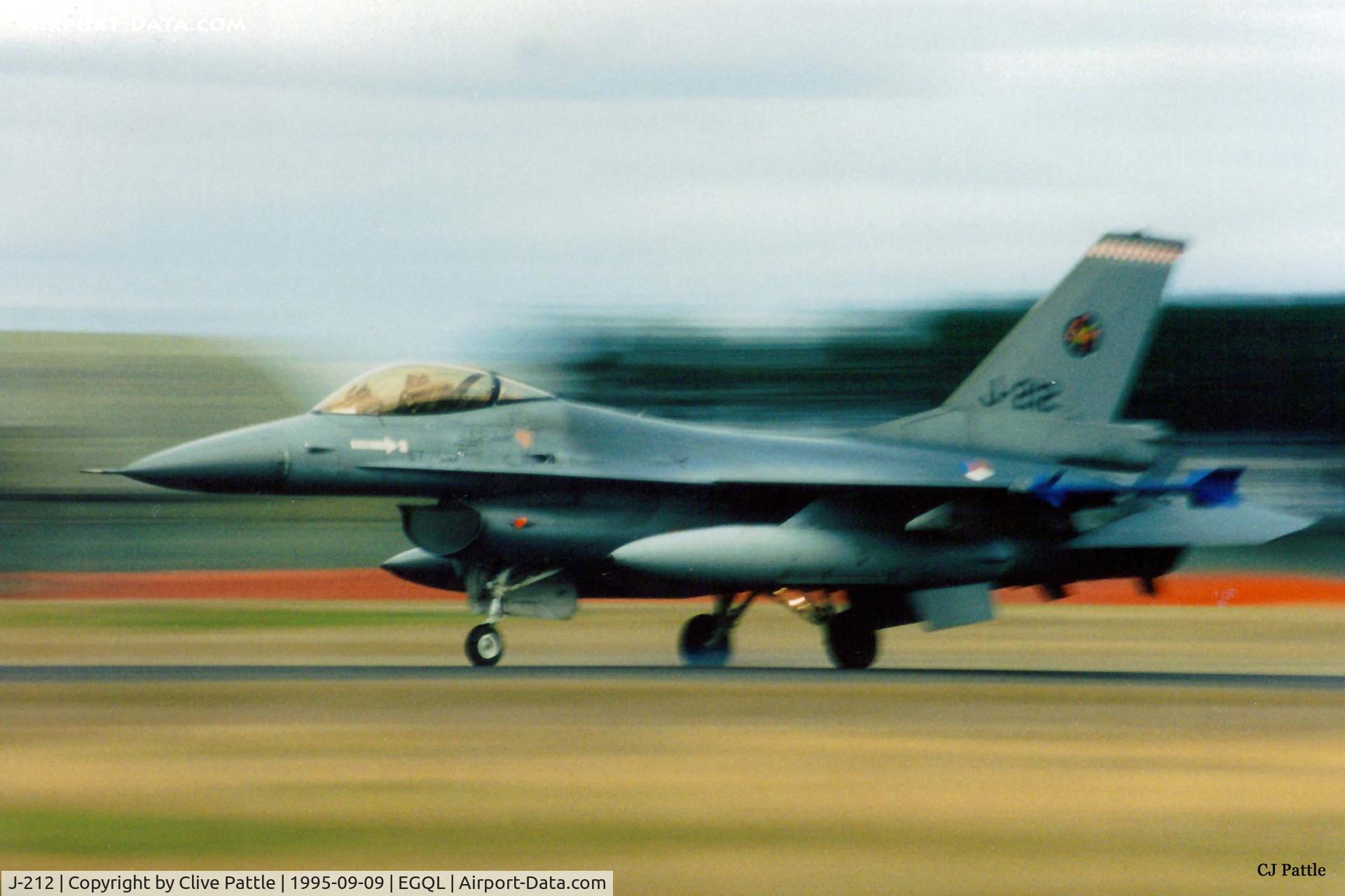 J-212, 1979 Fokker F-16A Fighting Falcon C/N 6D-1, Scanned from print. Seen landing at RAF Leuchars for the annual airshow in 1995.