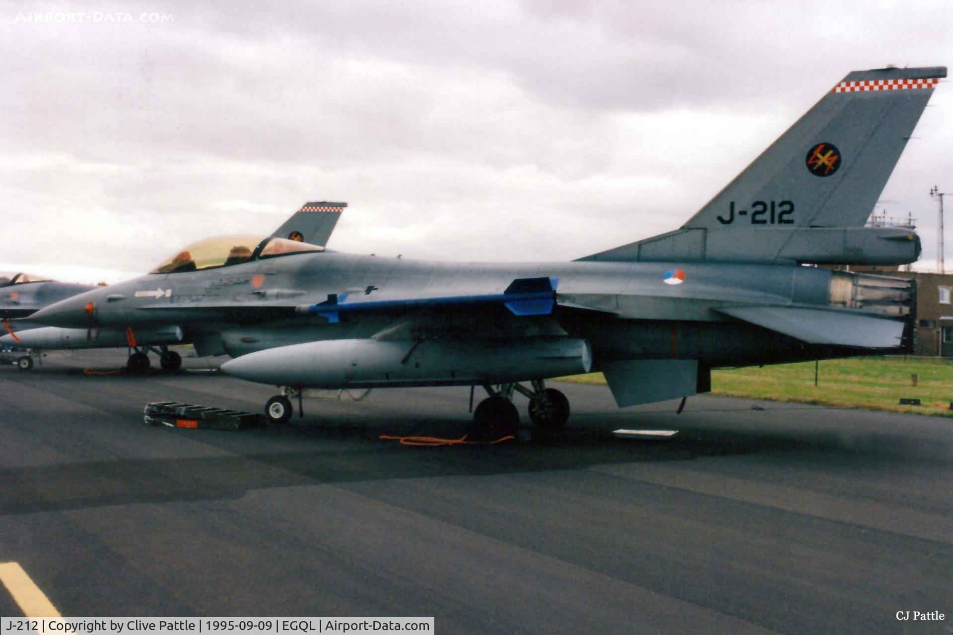 J-212, 1979 Fokker F-16A Fighting Falcon C/N 6D-1, Scanned from print. RNethAF F-16A J-212 of 312 Sqn seen in the static display at the RAF Leuchars Airshow, September 1995.