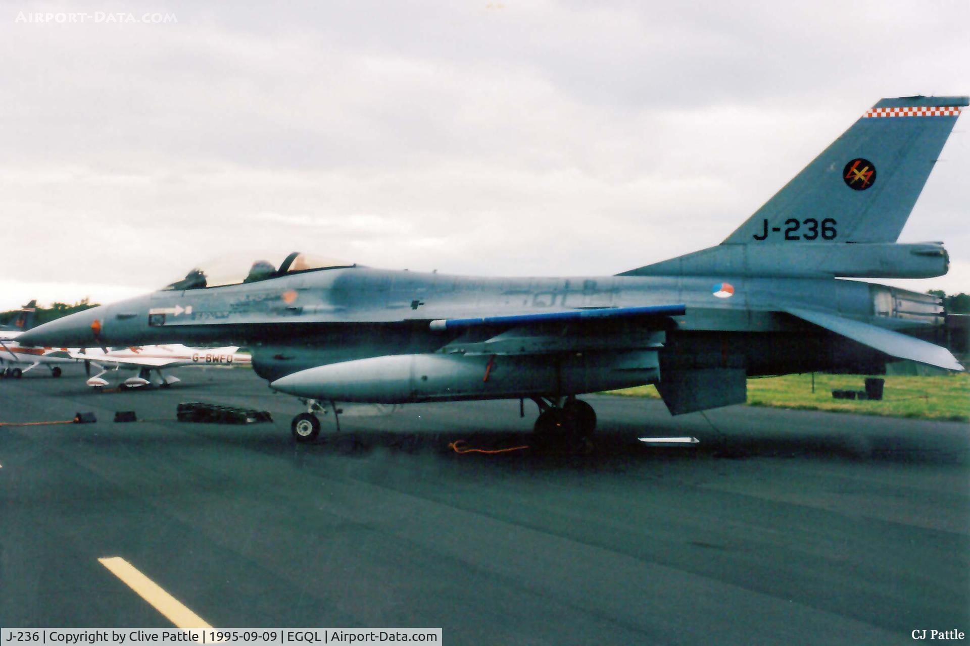 J-236, Fokker F-16A Fighting Falcon C/N 6D-25, Scanned from print (apols for reduced quality). RNethAF F-16A J-236 of 312 Sqn seen in the static display at the RAF Leuchars Airshow, September 1995.