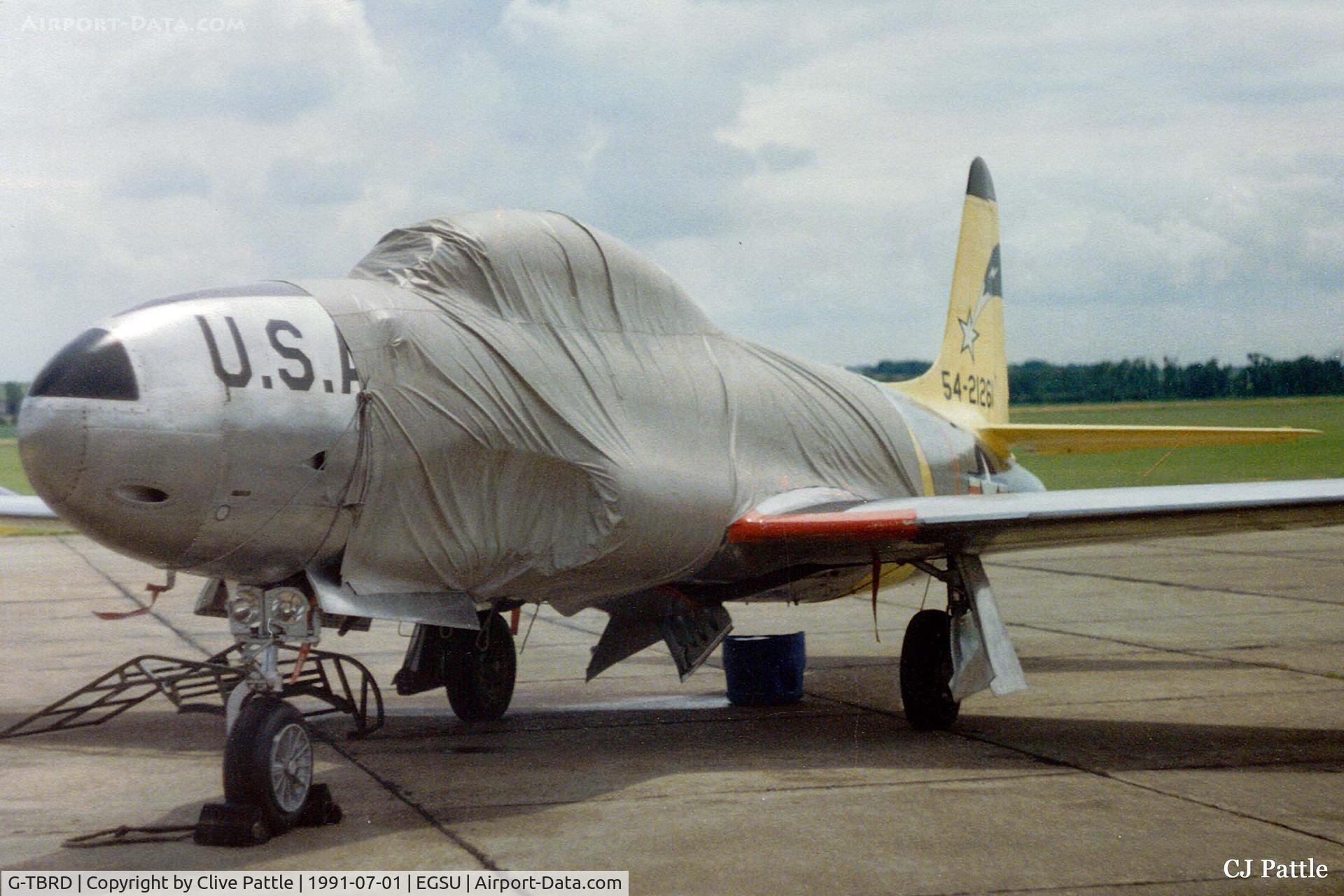 G-TBRD, 1954 Canadair CT-133 Silver Star 3 C/N T33-261, Scanned from print. On the apron at Duxford in July 1991.