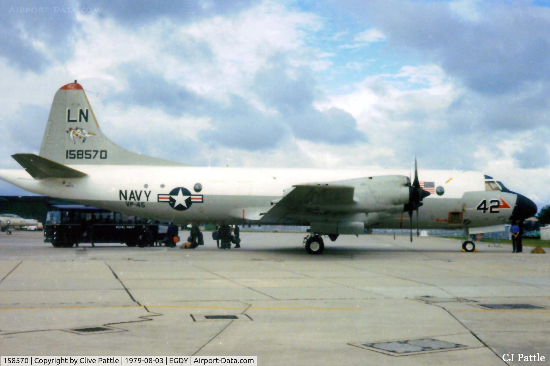 158570, 1972 Lockheed P-3C-IIIR Orion C/N 285A-5579, Scanned from print USN P-3C Orion 158570 coded LN/42 of VP-45 at RNAS Yeovilton Air Day 1979