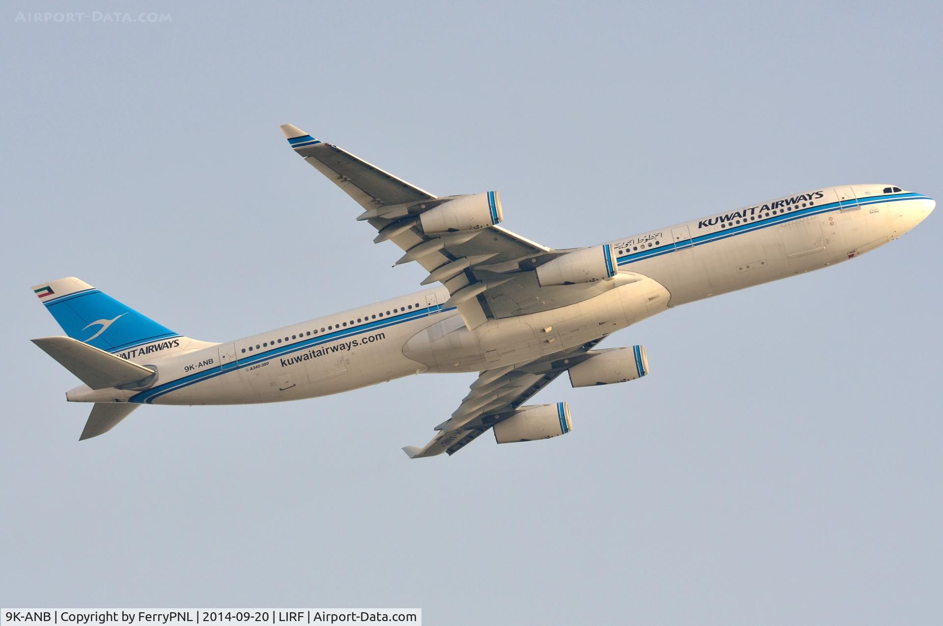 9K-ANB, 1995 Airbus A340-313 C/N 090, Kuwait A343 turning south while taking-off from FCO