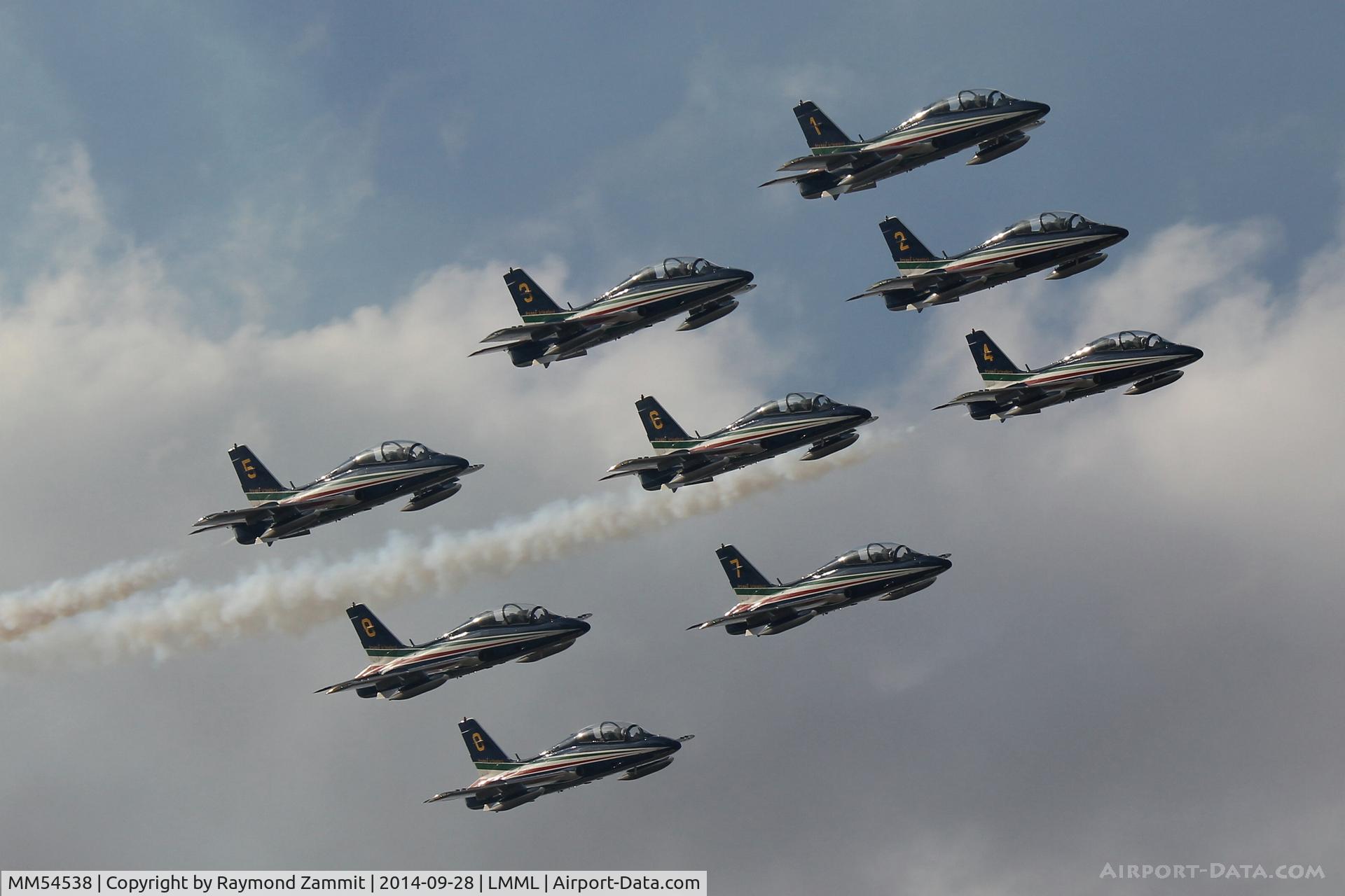 MM54538, Aermacchi MB-339PAN C/N 6759/154/AA070, Italian Air Force Frecce Tricolori Team performing during Malta International Airshow