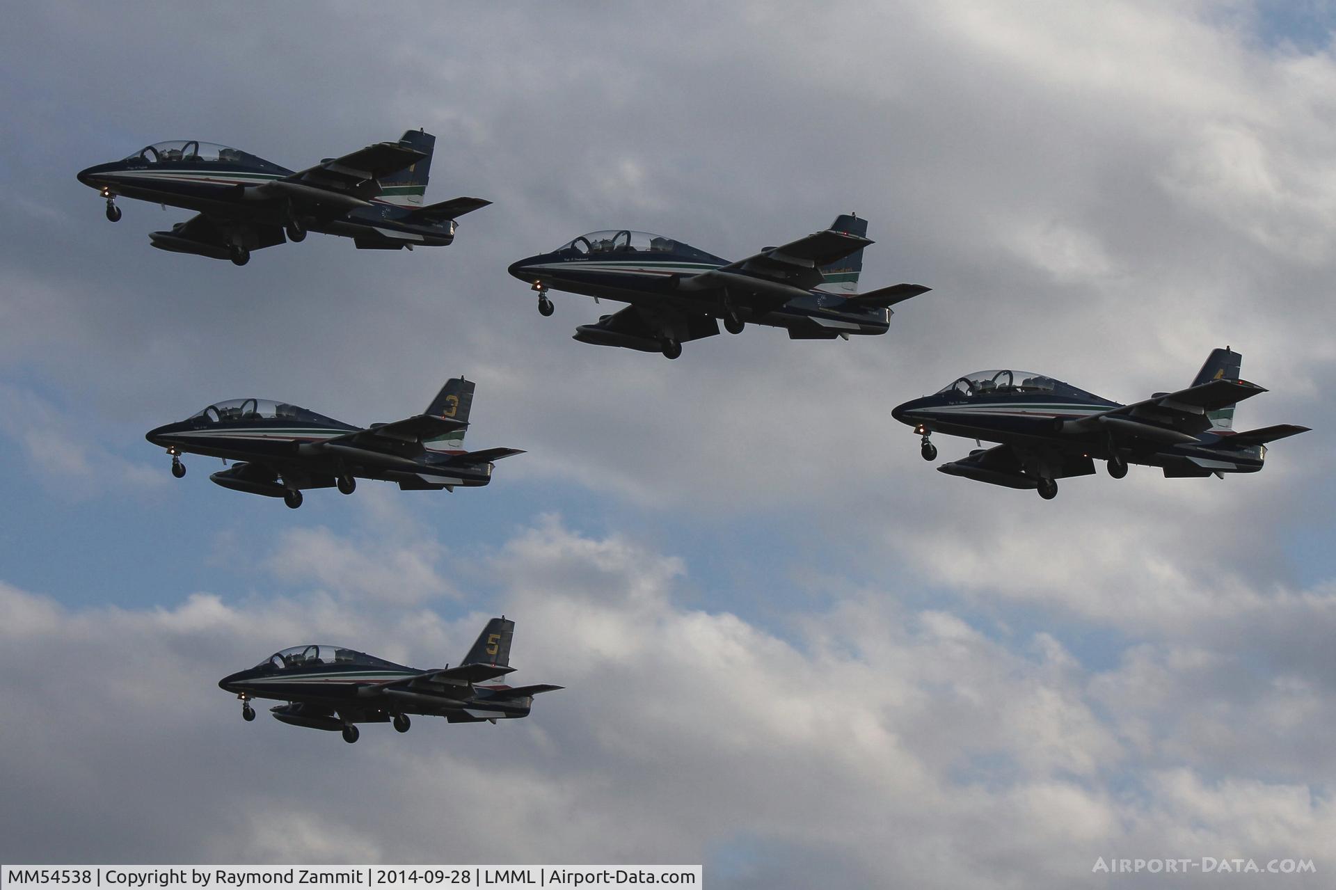 MM54538, Aermacchi MB-339PAN C/N 6759/154/AA070, A multiple landing of Frecce Tricolori Italian Air Force after a nice show in the Malta International Airshow 2014.