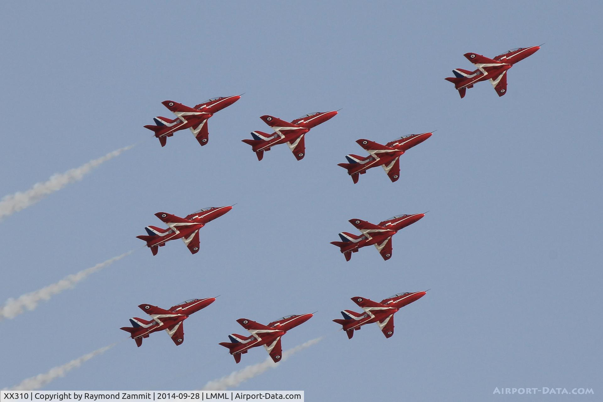 XX310, 1980 Hawker Siddeley Hawk T.1W C/N 145/312135, Red Arrows Hawks performing during Malta International Airshow 2014.