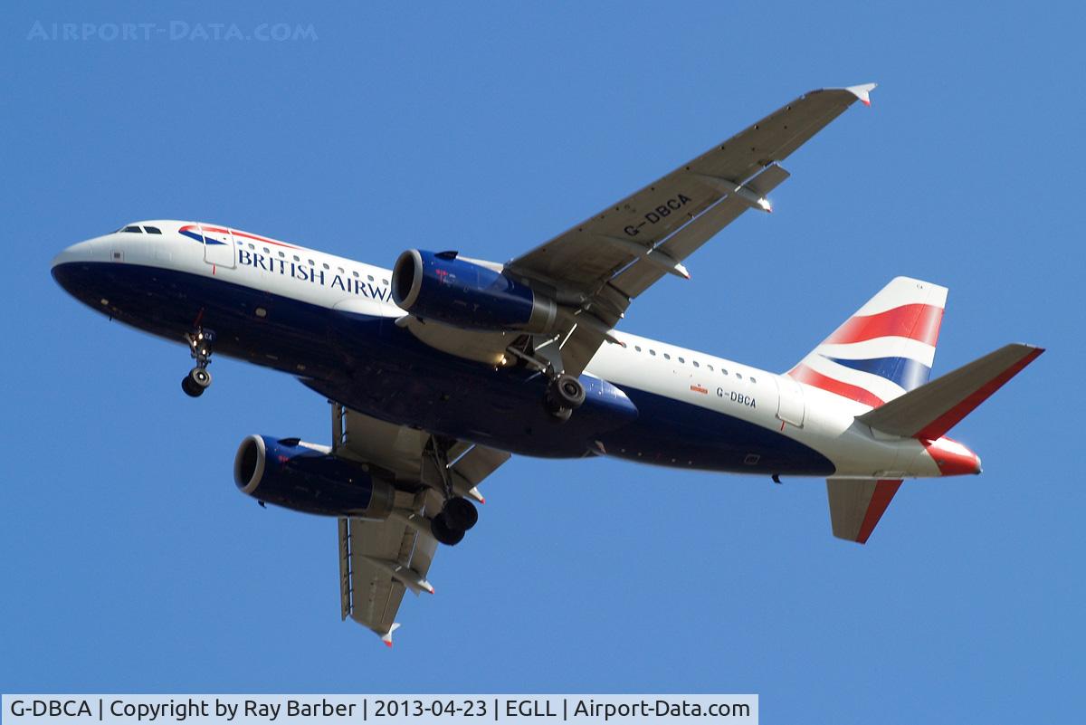 G-DBCA, 2004 Airbus A319-131 C/N 2098, Airbus A319-131 [2098] (British Airways) Home~G 23/04/2013. On approach 27R. Shown with interim colour scheme on the underside of the tail plane.