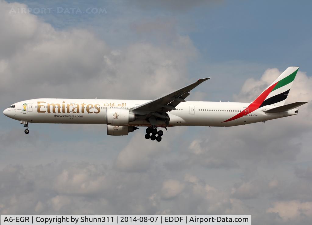 A6-EGR, 2012 Boeing 777-31H/ER C/N 41077, Landing rwy 25L with additional small World Cup Brasil logo on nose...