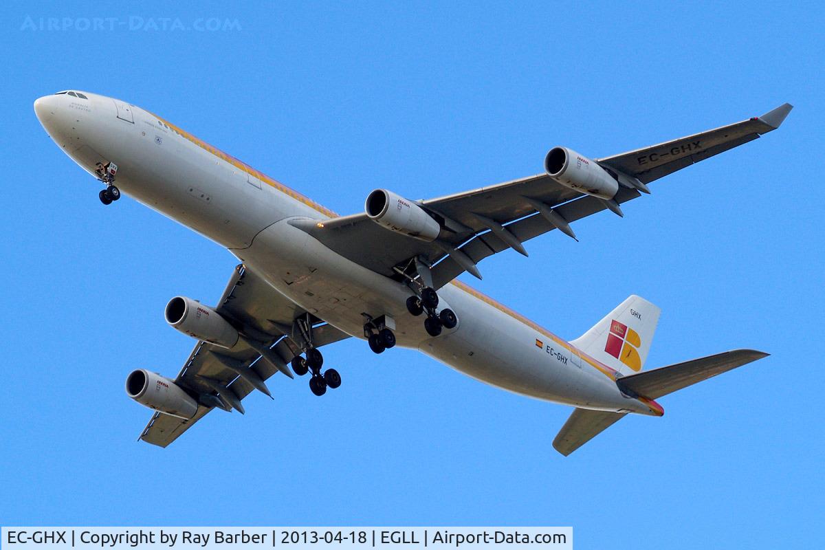 EC-GHX, 1996 Airbus A340-313 C/N 134, Airbus A340-313 [134] (Iberia) Home~G 18/04/2013. On approach 27R.