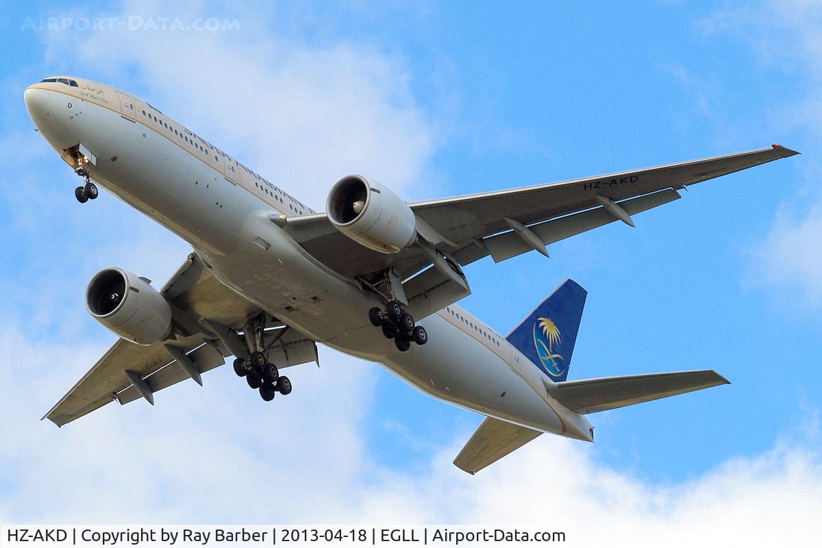 HZ-AKD, 1997 Boeing 777-268/ER C/N 28347, Boeing 777-268ER [28347] (Saudi Arabian Airlines) Home~G 18/04/2013. On approach 27R.