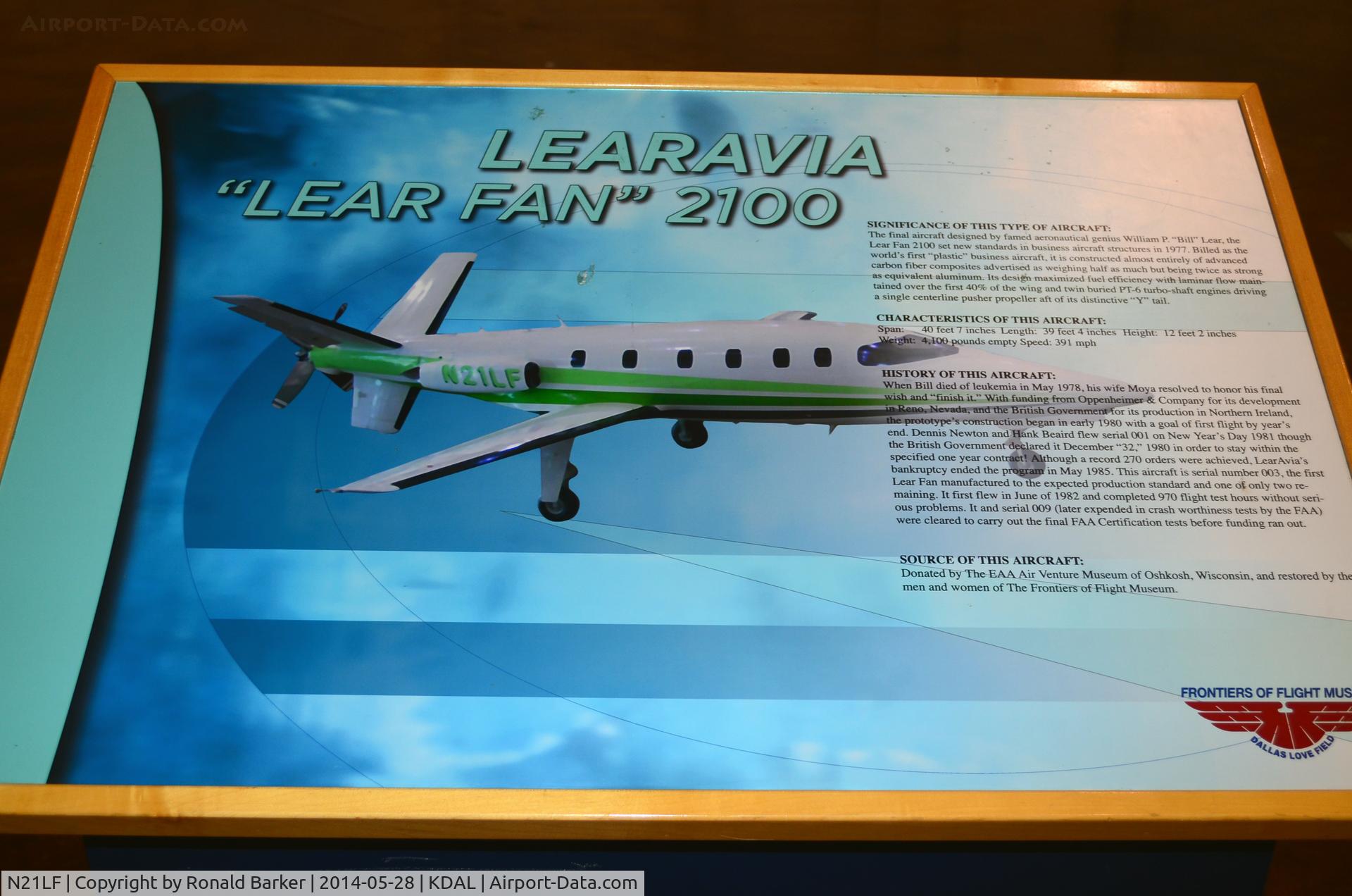 N21LF, 1982 LearAvia Lear Fan 2100 C/N E003, Frontiers of Flight Museum DAL