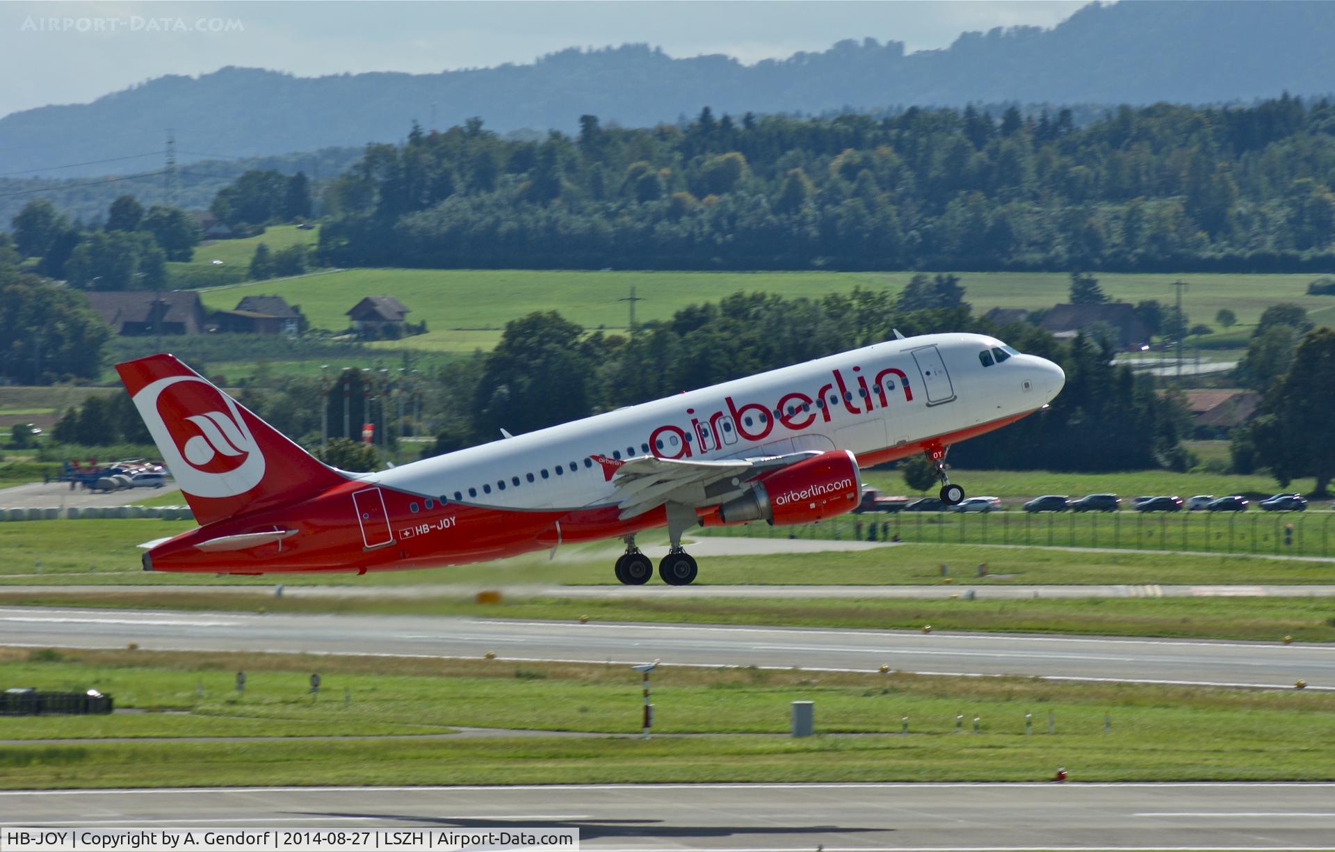HB-JOY, 2007 Airbus A319-111 C/N 3245, Belair (Air Berlin cs.), is here taking off RWY 28 at Zürich-Kloten(LSZH)