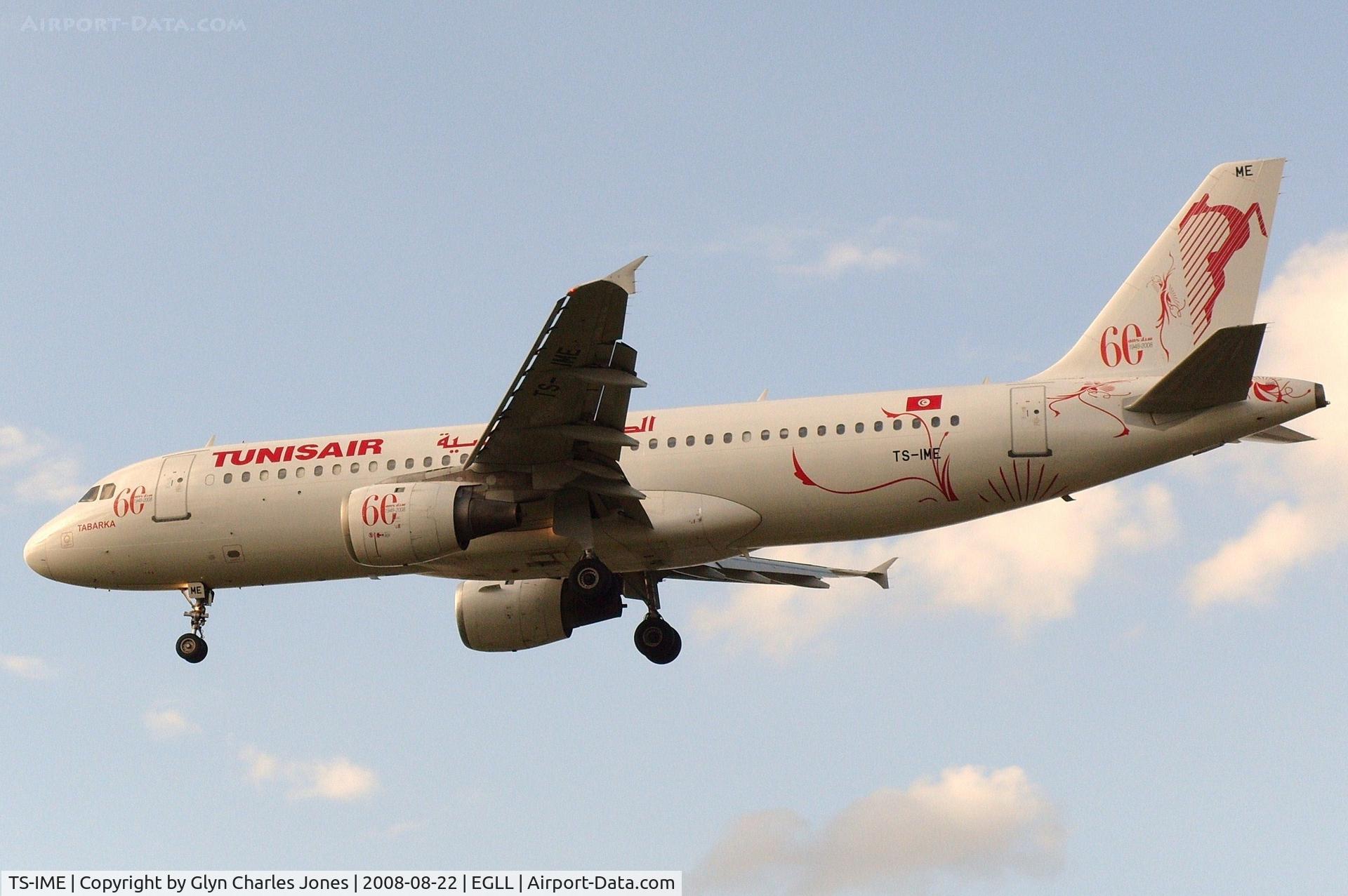 TS-IME, 1990 Airbus A320-211 C/N 123, 'Tabarka' in special 60th Anniversary of Tunisair (1948-2008) livery on finals for runway 27L. Test registration was F-WWIR.
