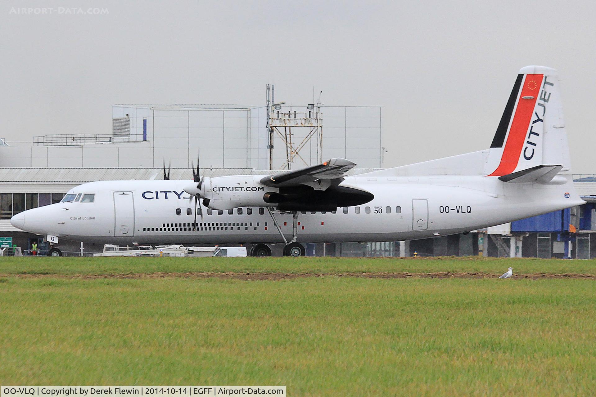 OO-VLQ, 1989 Fokker 50 C/N 20159, Fokker 50, City Jet, Callsign City Ireland 03H, landing on runway 30 at EGFF, out of Edinburgh.