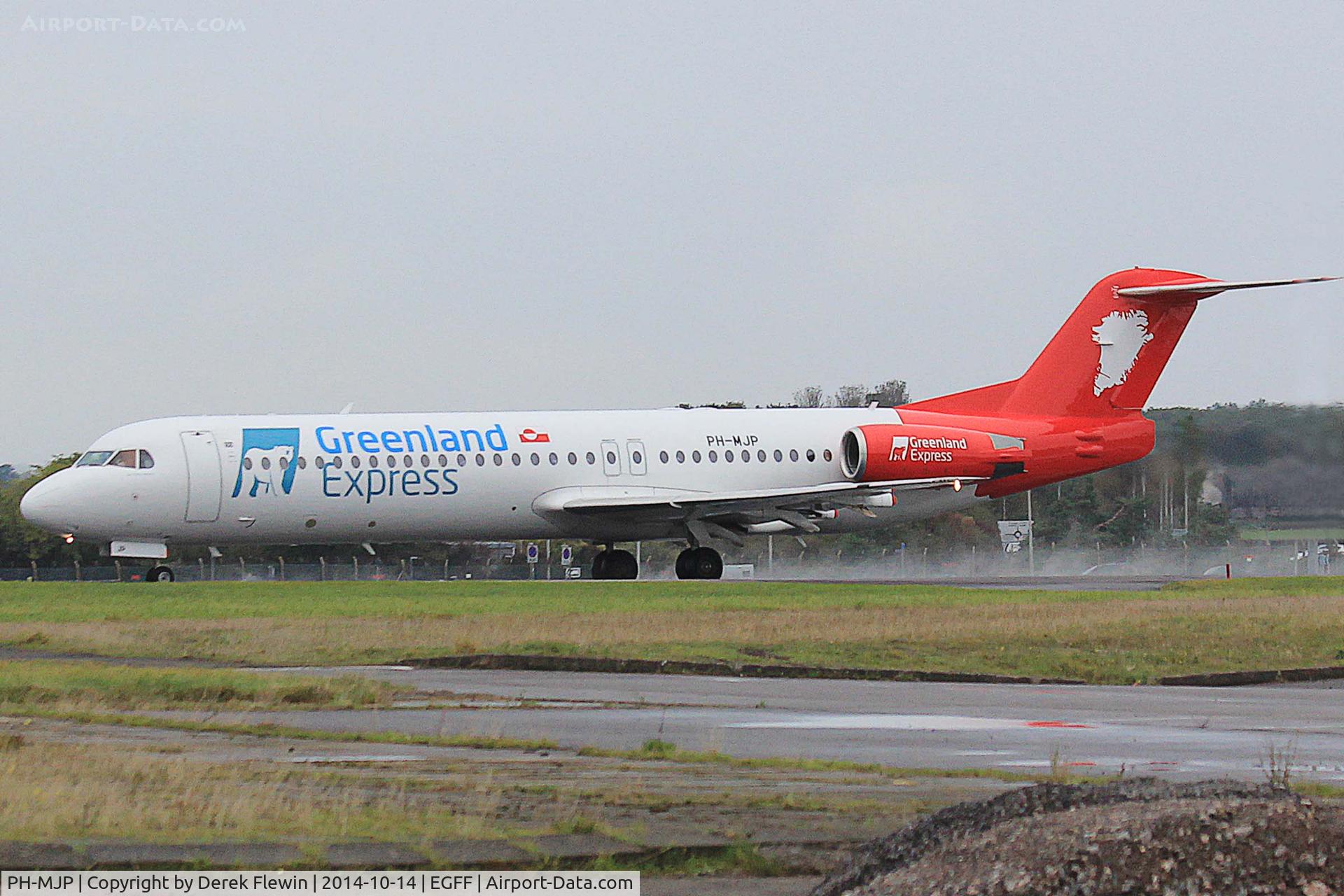 PH-MJP, 1995 Fokker 100 (F-28-0100) C/N 11505, F100, Greenland Express, callsign Denim 5392, seen departing runway 30 at EGFF, en-route to Osijek.