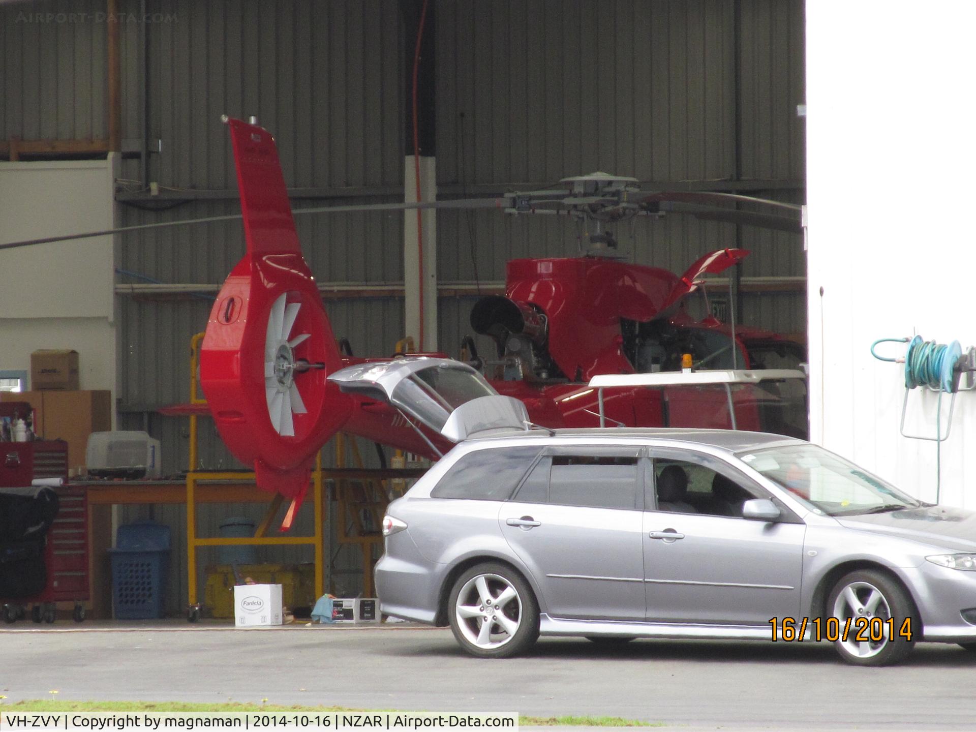 VH-ZVY, 2014 Airbus Helicopters EC-130T-2 C/N 7939, Hiding in Airbus hangar at Ardmore. Been here until at least 8/10. Still wearing VH- registration and not yet on NZ register - if indeed it is to become a Kiwi.