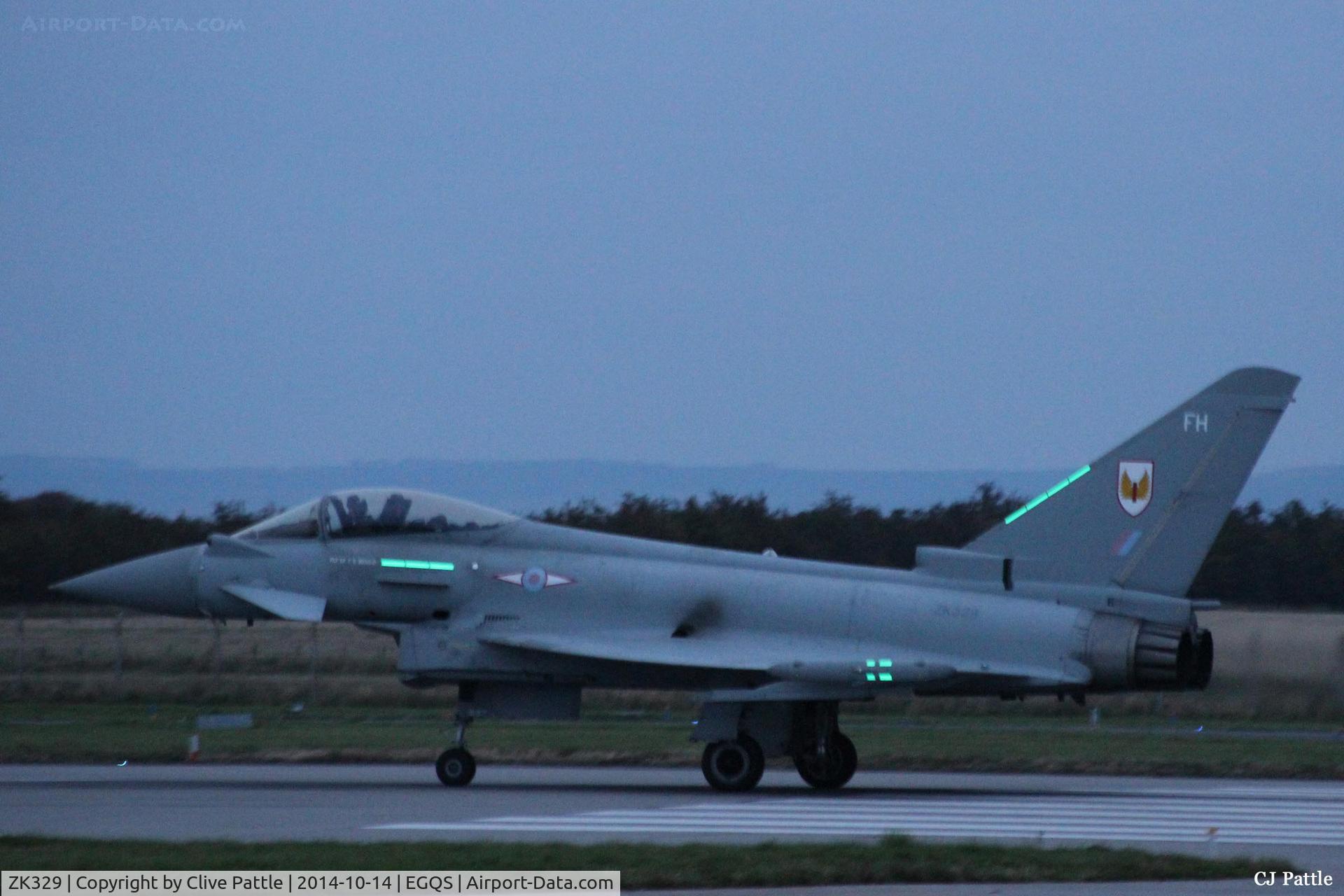 ZK329, 2012 Eurofighter EF-2000 Typhoon FGR4 C/N BS090/342, Pictured during an Exercise Joint Warrior 14-2 dusk departure from RAF Lossiemouth whilst coded FH of No.1 Sqn RAF. Apols for the poor light picture quality but it does show the reflective green panels to some effect.