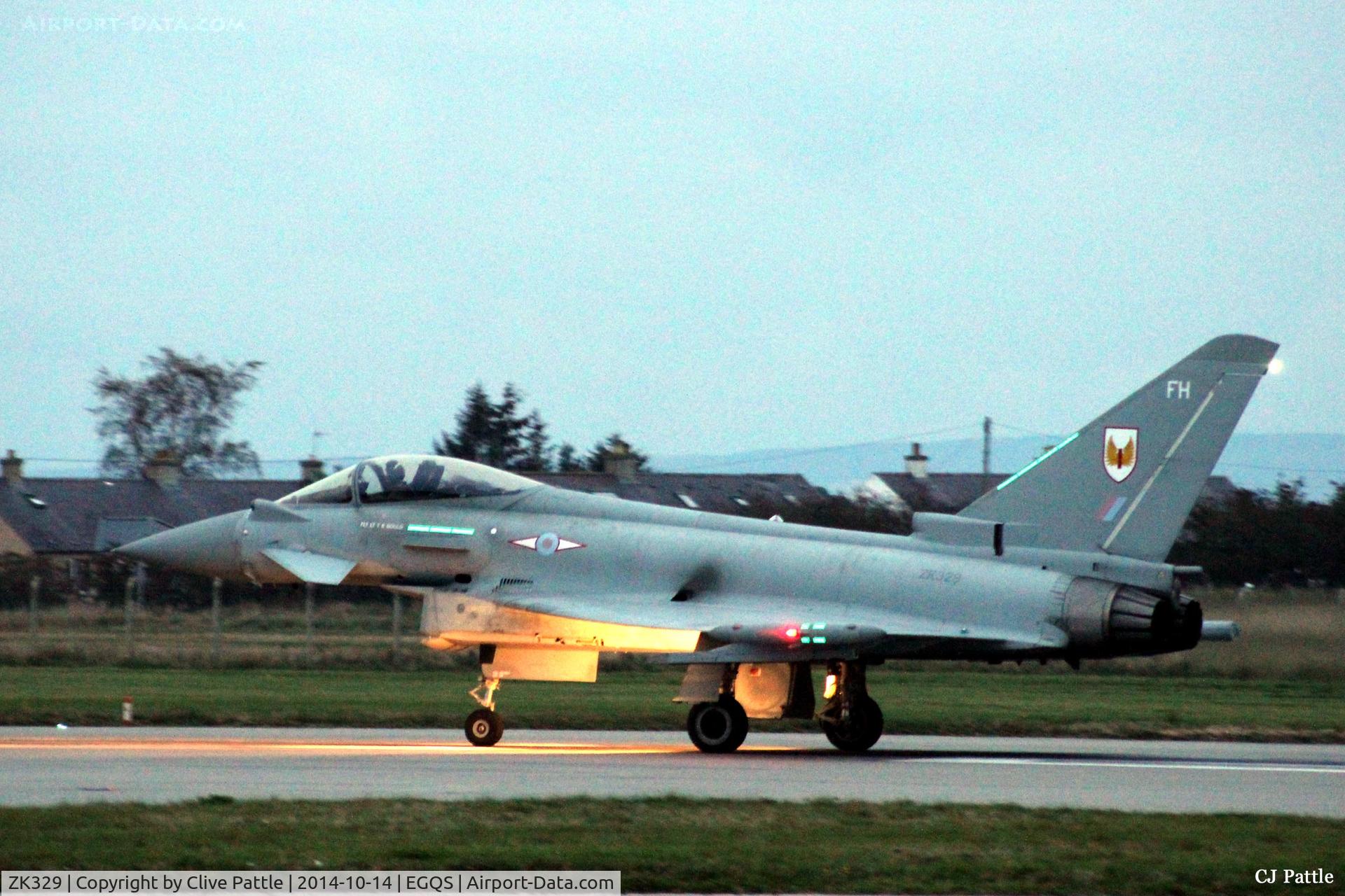 ZK329, 2012 Eurofighter EF-2000 Typhoon FGR4 C/N BS090/342, Another shot of ZK329 during an Exercise Joint Warrior 14-2  dusk departure from RAF Lossiemouth whilst coded FH of No.1 Sqn RAF. Apols for the poor light picture quality.