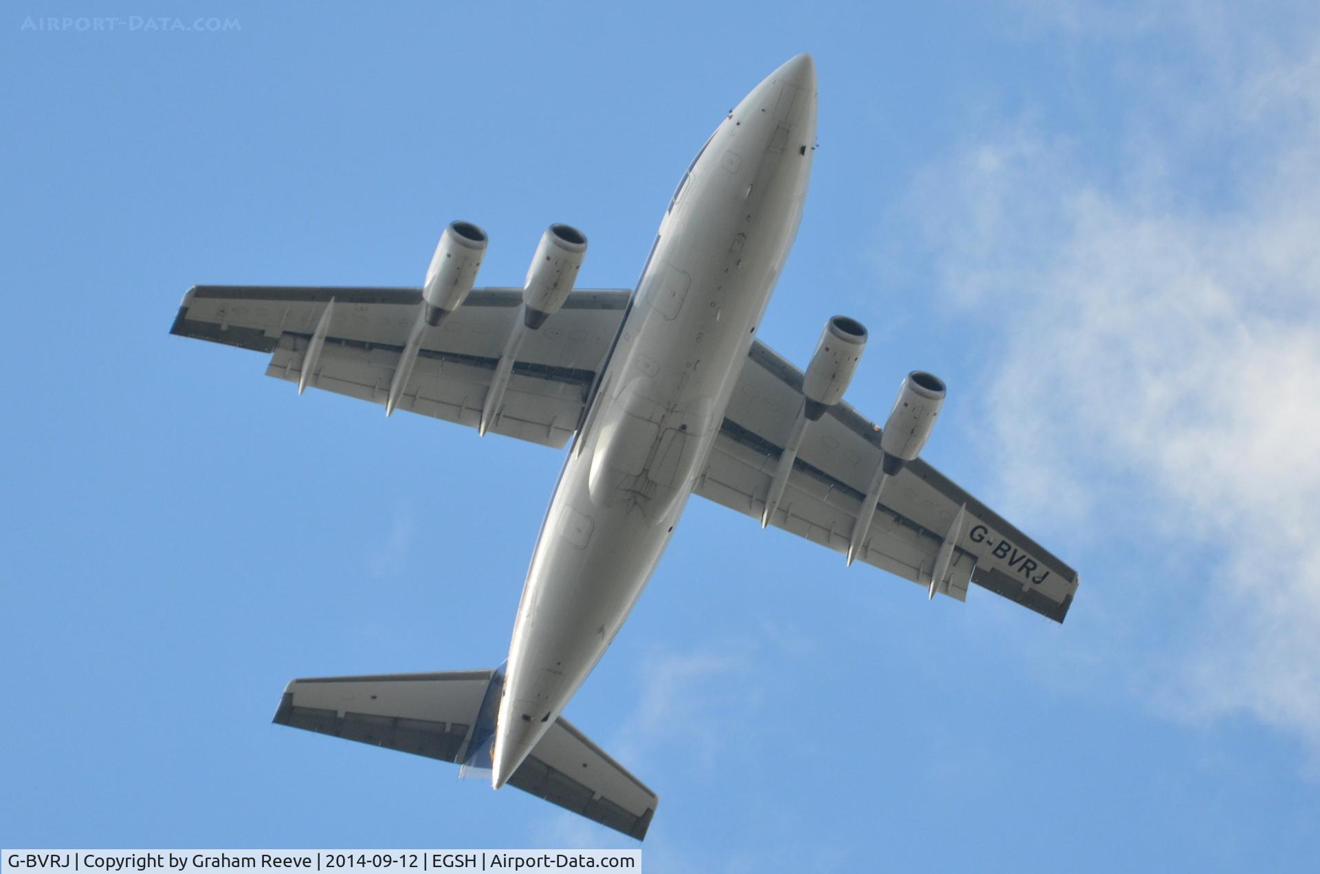 G-BVRJ, 1994 British Aerospace Avro 146-RJ70 C/N E1254, Over head at Norwich.