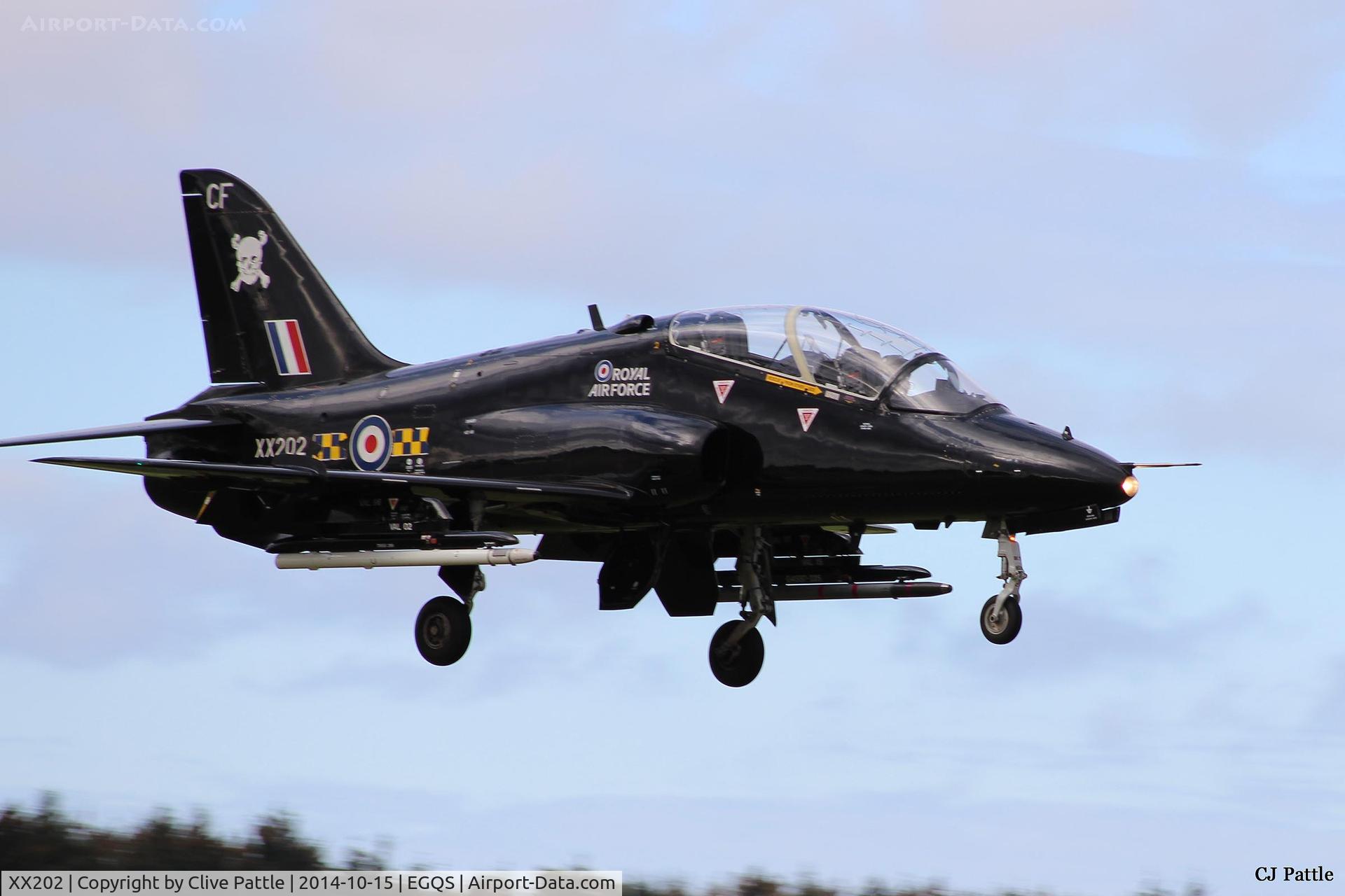 XX202, 1978 Hawker Siddeley Hawk T.1A C/N 049/312049, On finals whilst coded 'CF' with 100 Sqn RAF at RAF Lossiemouth during Exercise Joint Warrior 14-2