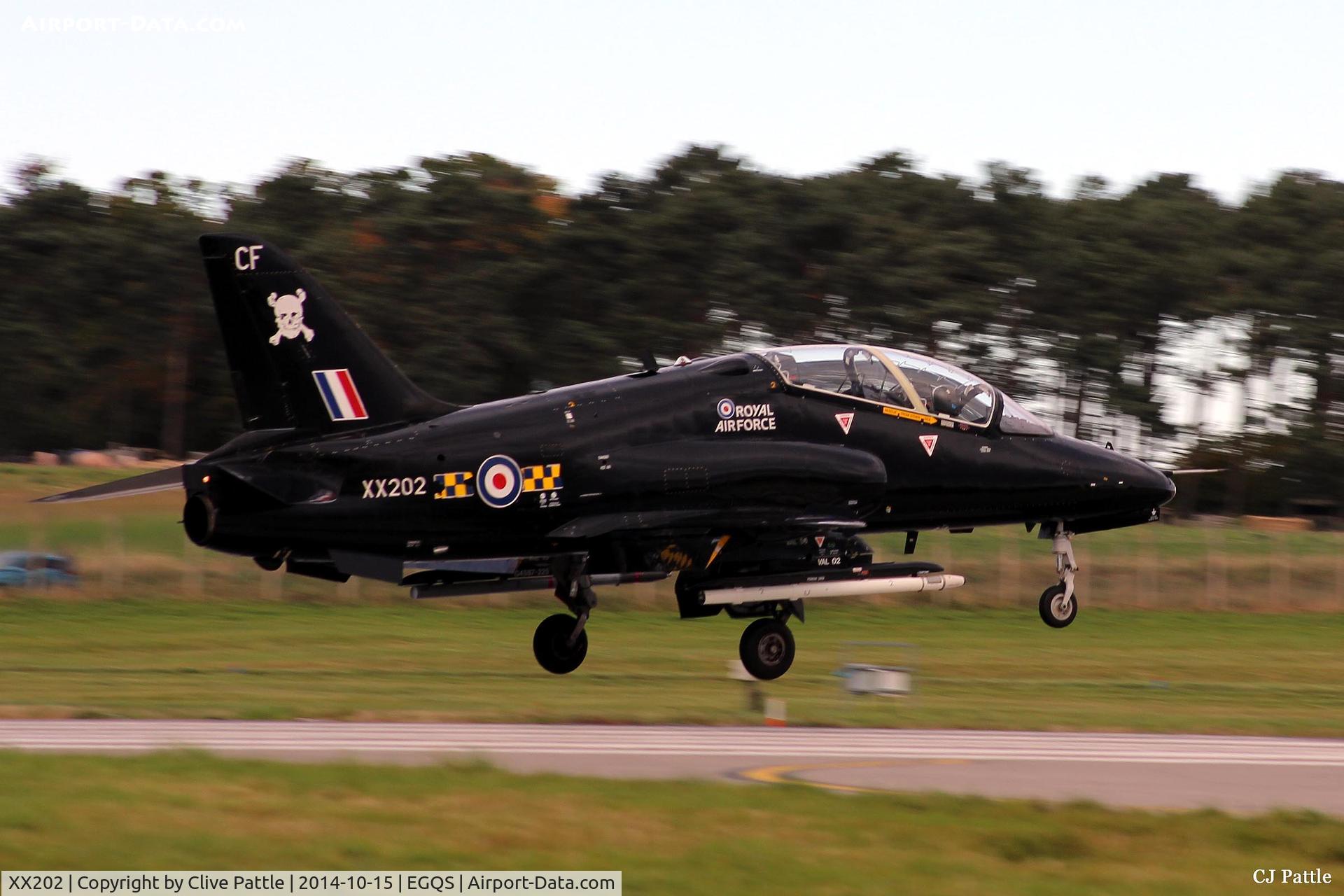 XX202, 1978 Hawker Siddeley Hawk T.1A C/N 049/312049, Coded 'CF' of  100 Sqn RAF about to touchdown at RAF Lossiemouth during Exercise Joint Warrior 14-2