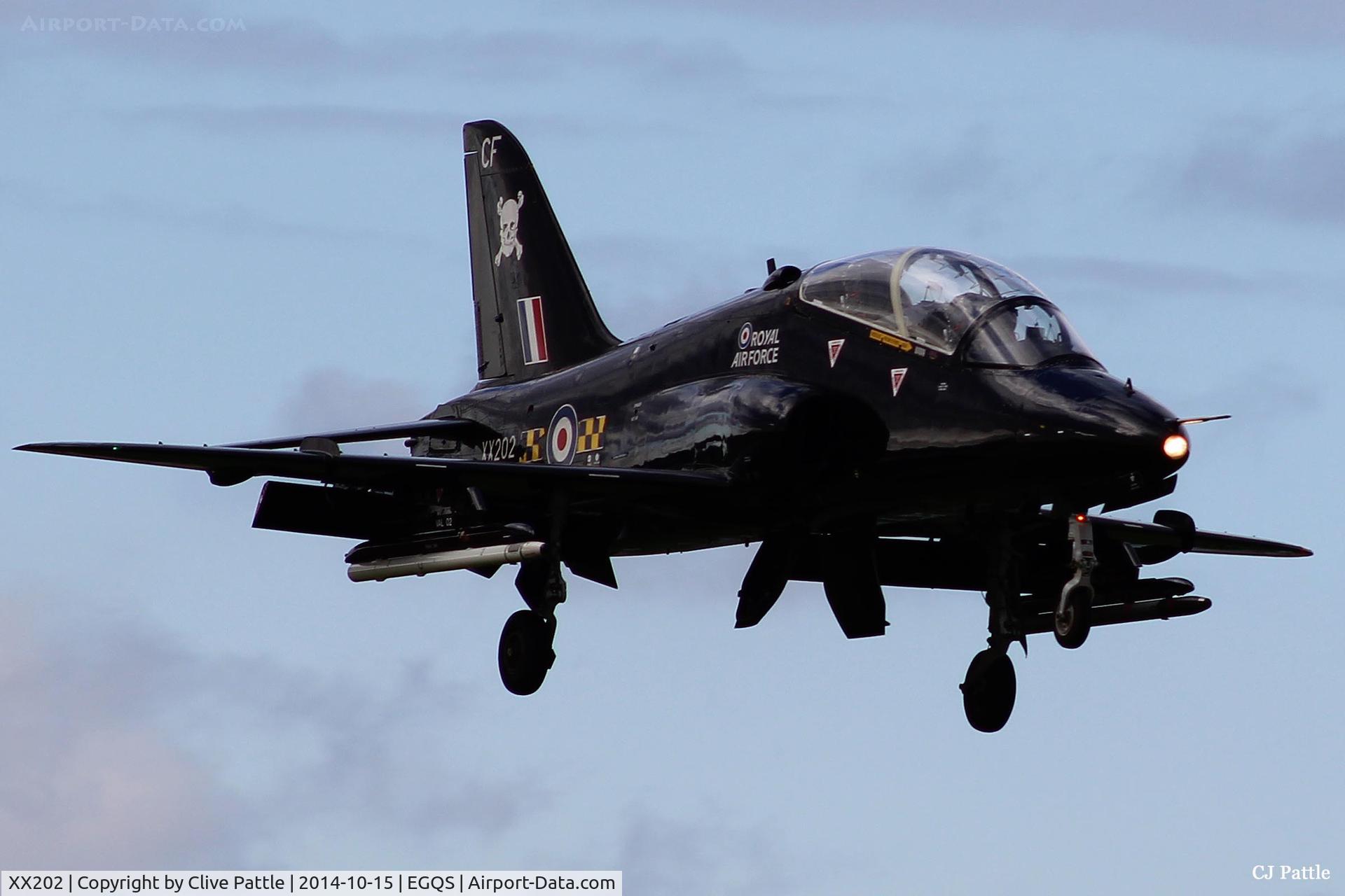 XX202, 1978 Hawker Siddeley Hawk T.1A C/N 049/312049, Coded 'CF' of  100 Sqn RAF about to touchdown at RAF Lossiemouth during Exercise Joint Warrior 14-2