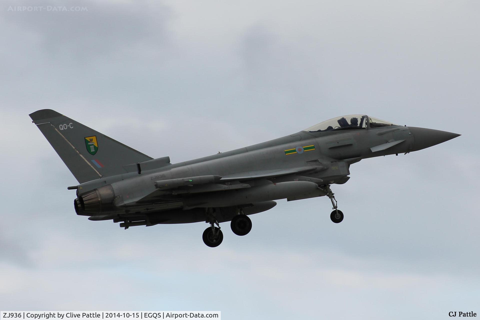 ZJ936, 2007 Eurofighter EF-2000 Typhoon FGR4 C/N 0119/BS027, seen on finals at RAF Lossiemouth, coded 'QO-C' with 3 Sqn visiting from RAF Coningsby for participation in Exercise Joint Warrior 14-2
