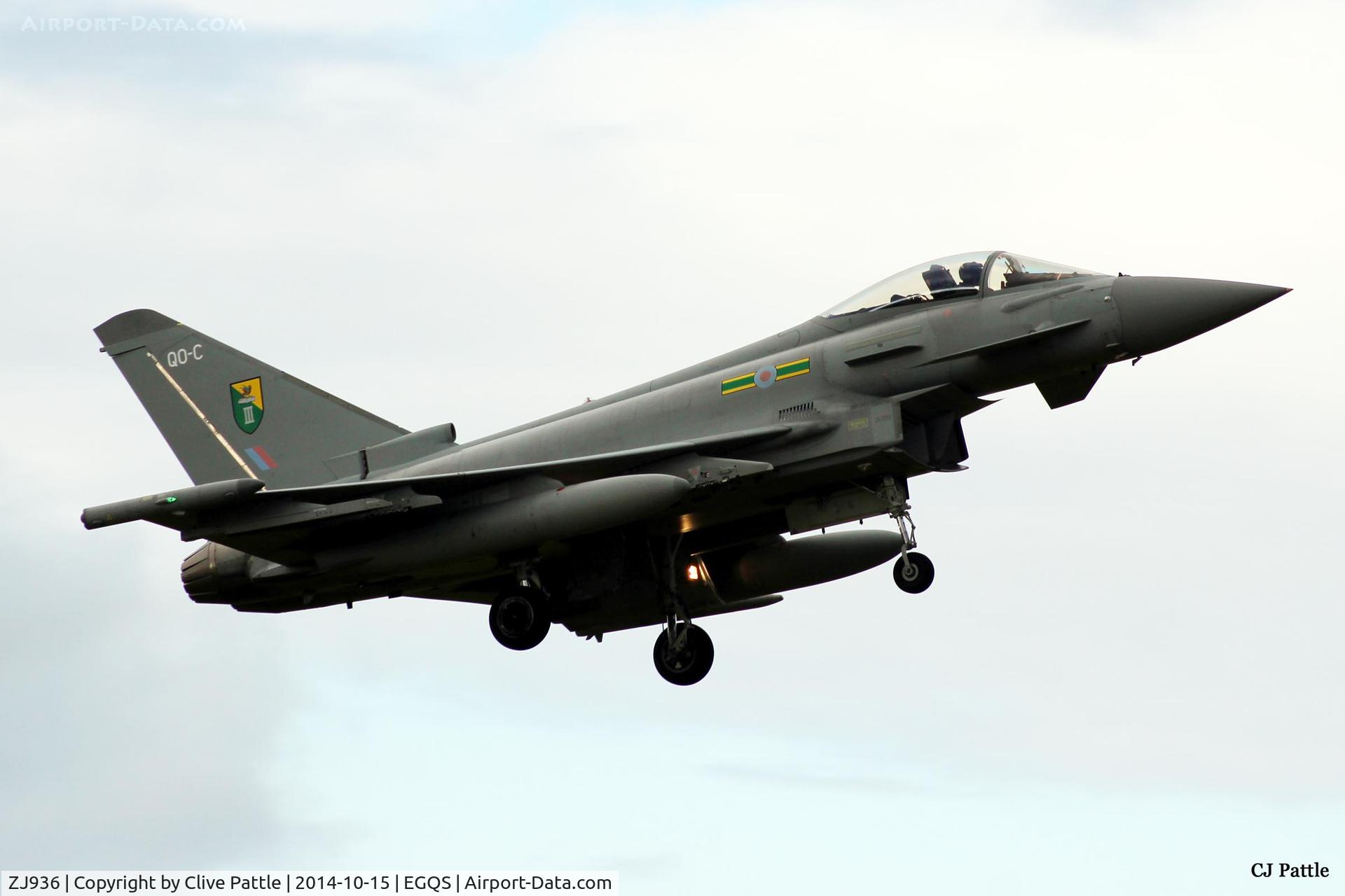 ZJ936, 2007 Eurofighter EF-2000 Typhoon FGR4 C/N 0119/BS027, seen on finals at RAF Lossiemouth, coded 'QO-C' with 3 Sqn visiting from RAF Coningsby for participation in Exercise Joint Warrior 14-2