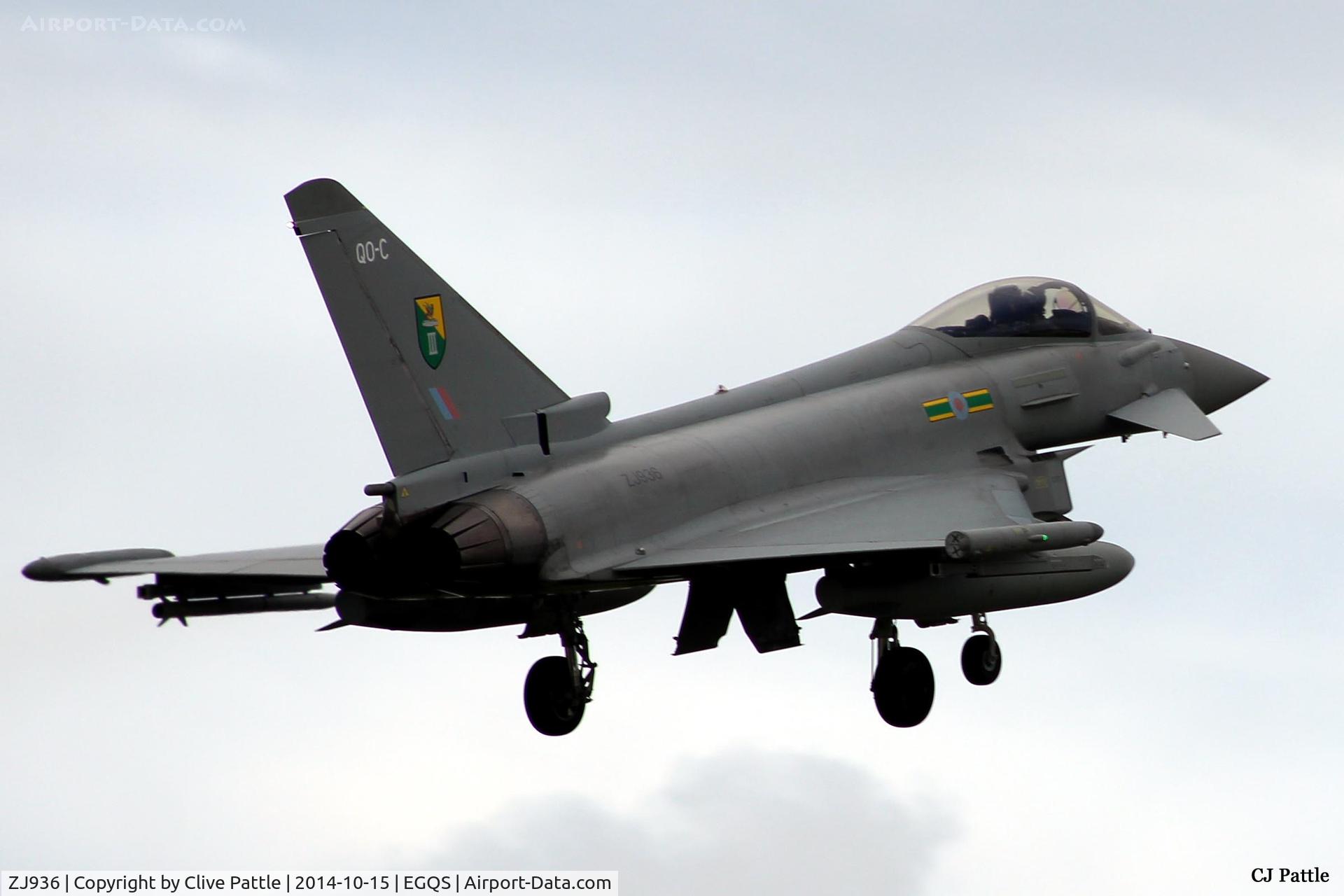 ZJ936, 2007 Eurofighter EF-2000 Typhoon FGR4 C/N 0119/BS027, seen on finals at RAF Lossiemouth, coded 'QO-C' with 3 Sqn visiting from RAF Coningsby for participation in Exercise Joint Warrior 14-2