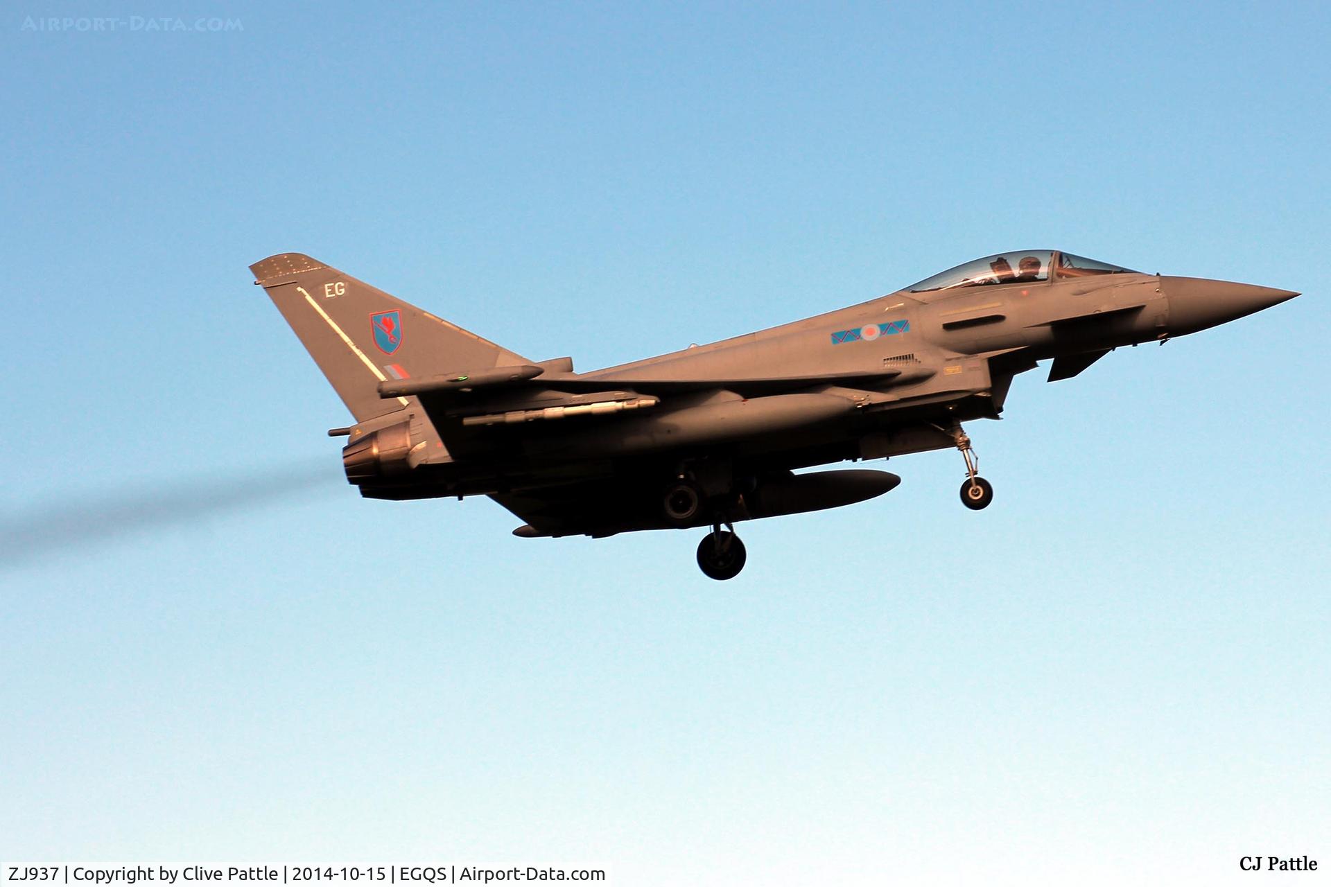 ZJ937, 2007 Eurofighter EF-2000 Typhoon FGR.4 C/N 0121/BS028, seen on finals at RAF Lossiemouth, coded 'EG' with the based 6 Sqn participating in Exercise Joint Warrior 14-2