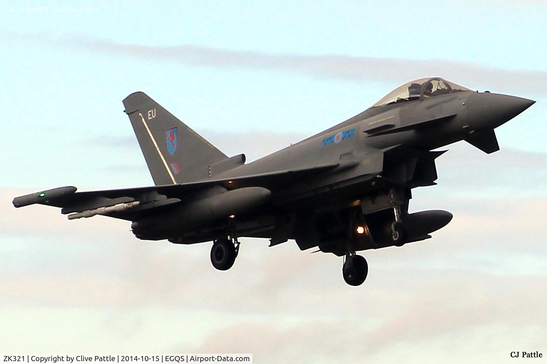 ZK321, 2011 Eurofighter EF-2000 Typhoon FGR4 C/N BS082/315, On finals to its home base of RAF Lossiemouth (EGQS) whilst coded 'EU' of 6 Sqn RAF