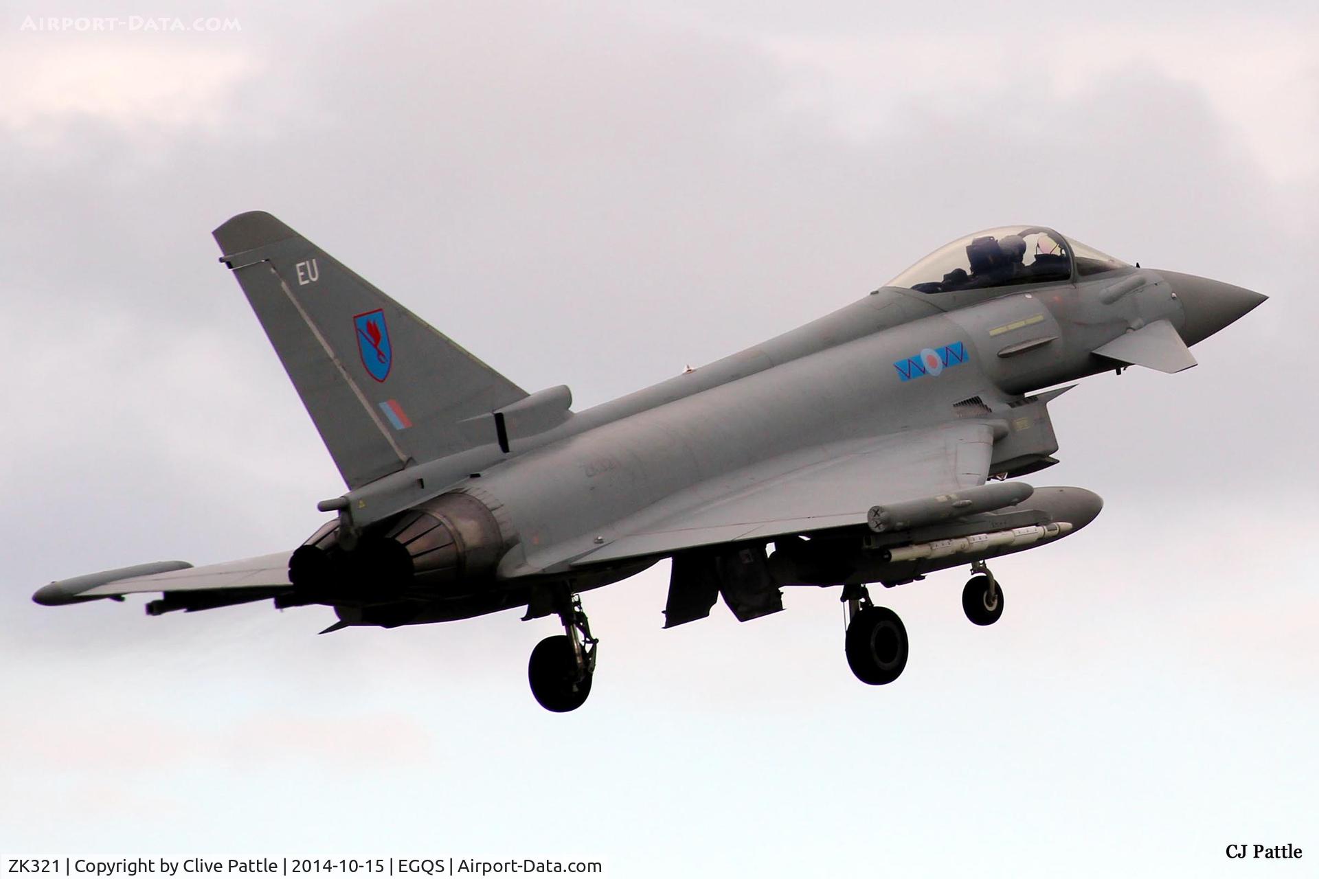 ZK321, 2011 Eurofighter EF-2000 Typhoon FGR4 C/N BS082/315, On finals to its home base of RAF Lossiemouth (EGQS) whilst coded 'EU' of 6 Sqn RAF