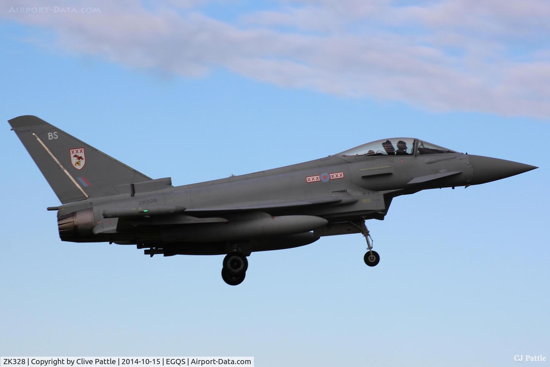 ZK328, 2011 Eurofighter EF-2000 Typhoon FGR4 C/N BS089/339, On finals to RAF Lossiemouth whilst coded BS of 29 R Sqn - on detachment from its home base at RAF Coningsby